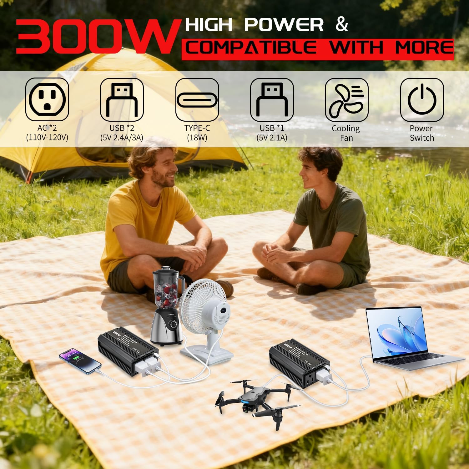 300W Power Inverter Compatible with Craftsman, DC 20V to AC 110-120V Battery Inverter, Portable Battery Adapter Charger Converter with 3 USB & 1 Type-C & 2 AC Outlet for Outdoor,Emergency(Tool Only)