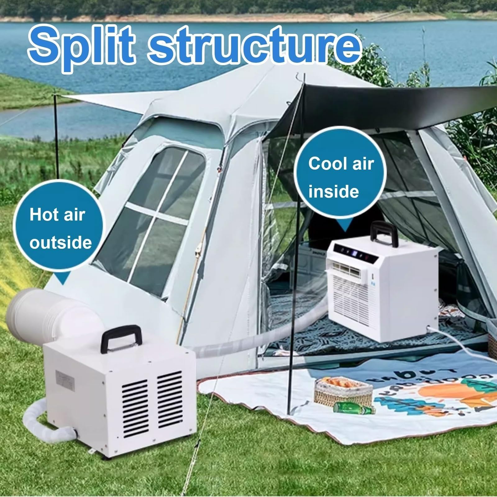 Condizionatore portatile con sistema split 3000 Btu, unità di climatizzazione con Wi-Fi e telecomando, timer 12 ore, flusso d'aria 130 m³/h, area applicabile 10㎡, tubo di collegamento 1,5 m