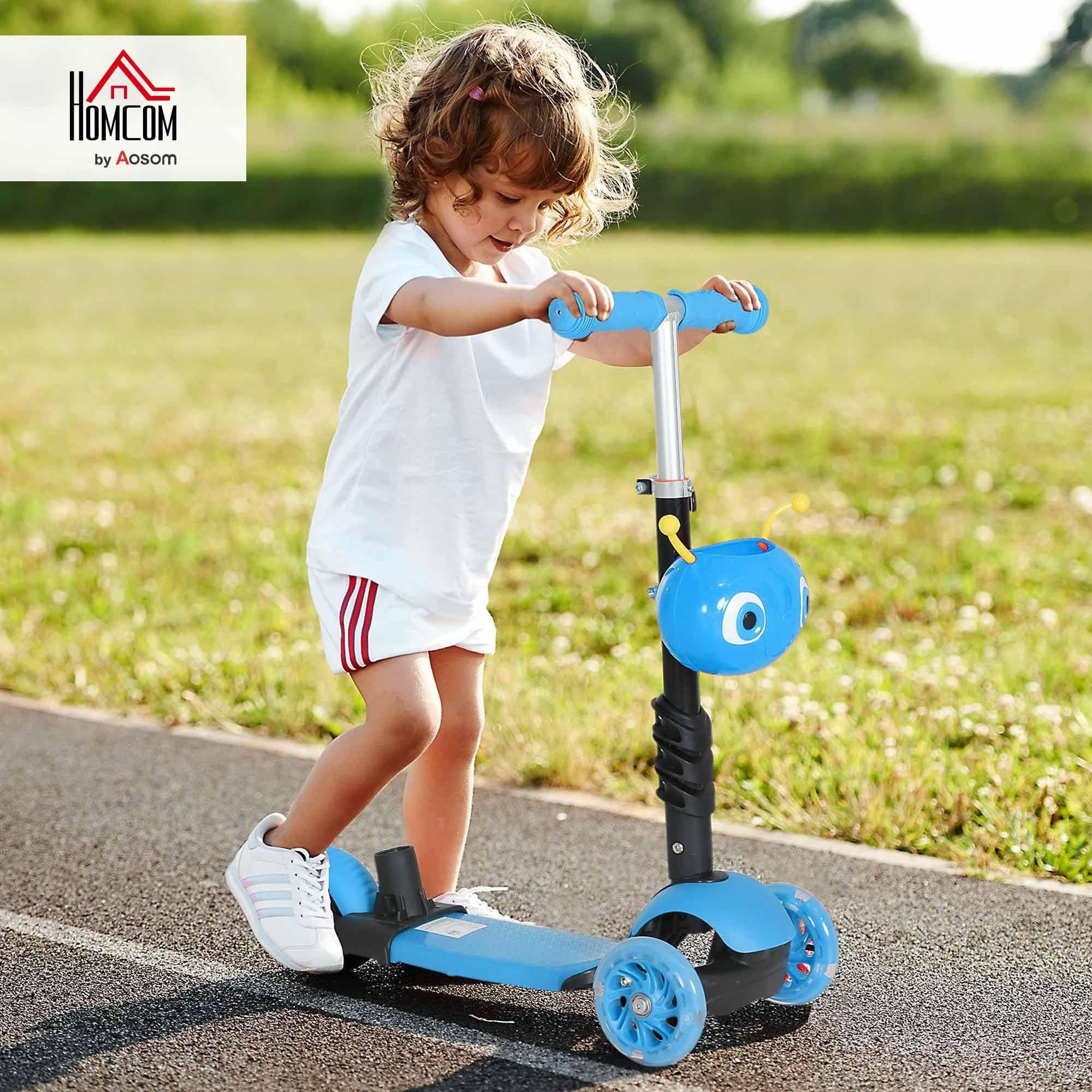 HOMCOM 3 en 1 Trottinette pour Enfants Trottinette 3 Roues évolutive Hauteur Guidon réglable Charge Max. 50 Kg Canne télescopique Selle Dossier Amovible