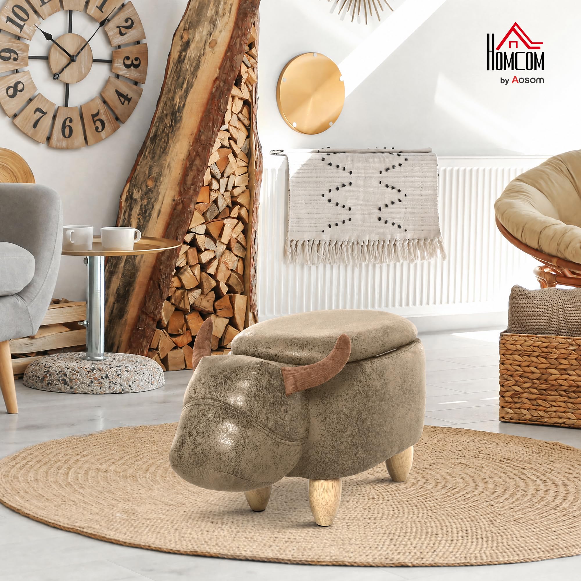 HOMCOM Hocker Kuh - Hocker Kuh - Hocker Stier Aufbewahrungsbox 2 in 1 - Beine Hevea-Holz synthetische Beschichtung Wildlederoptik gealtert Braun