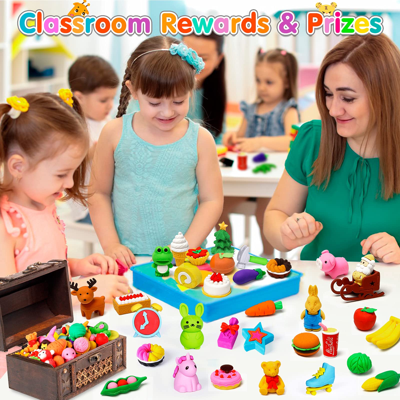 Moosia 120 Pack Animal Erasers for Kids Bulk Pencil Erasers Toy 3D Mini