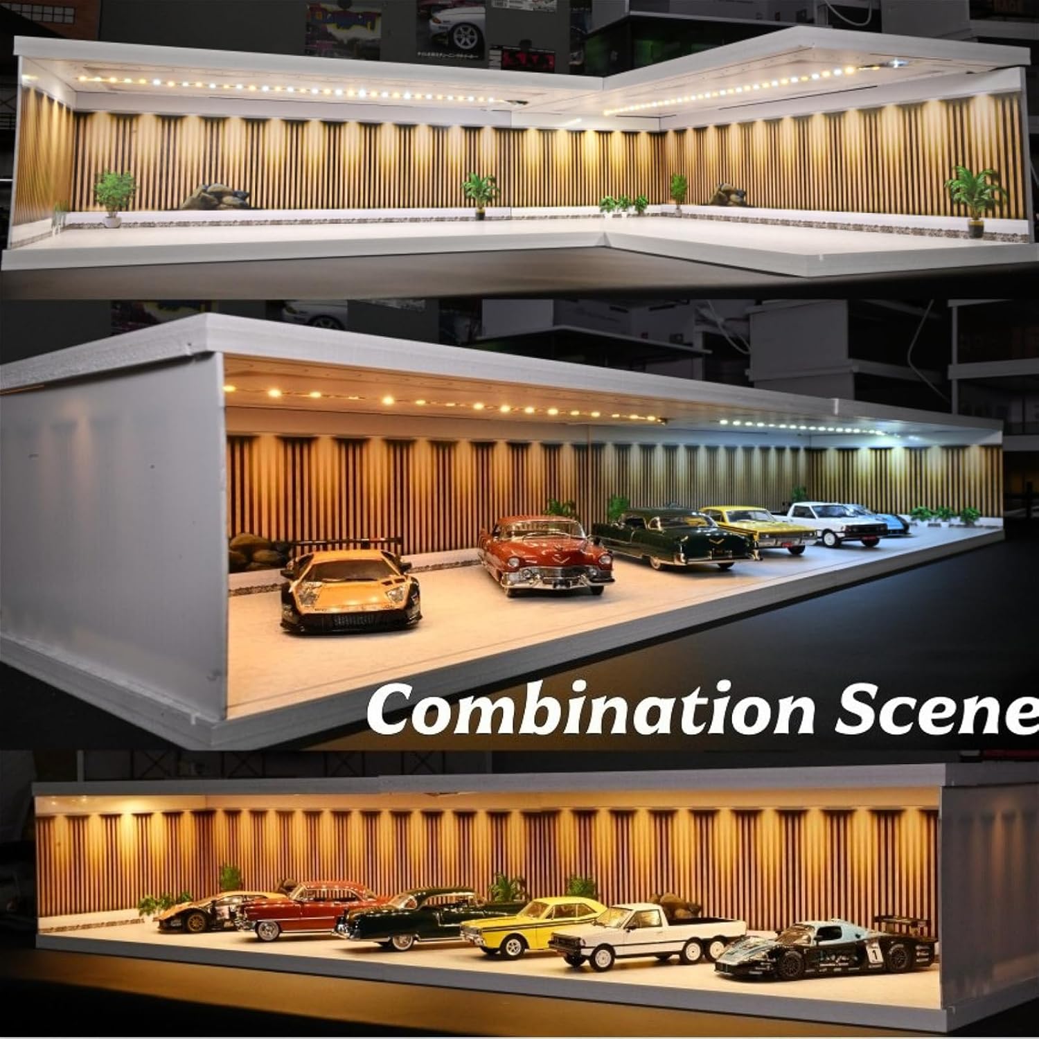 Diorama Display Case Compatible for Hot Wheels Matchbox Mini GT Diecast Cars,Stackable 1/64 1/43 1/18 Car Garage Showroom Parking Lot Scene Display Model with Three-Color Dimmable Light (A, 1/64)