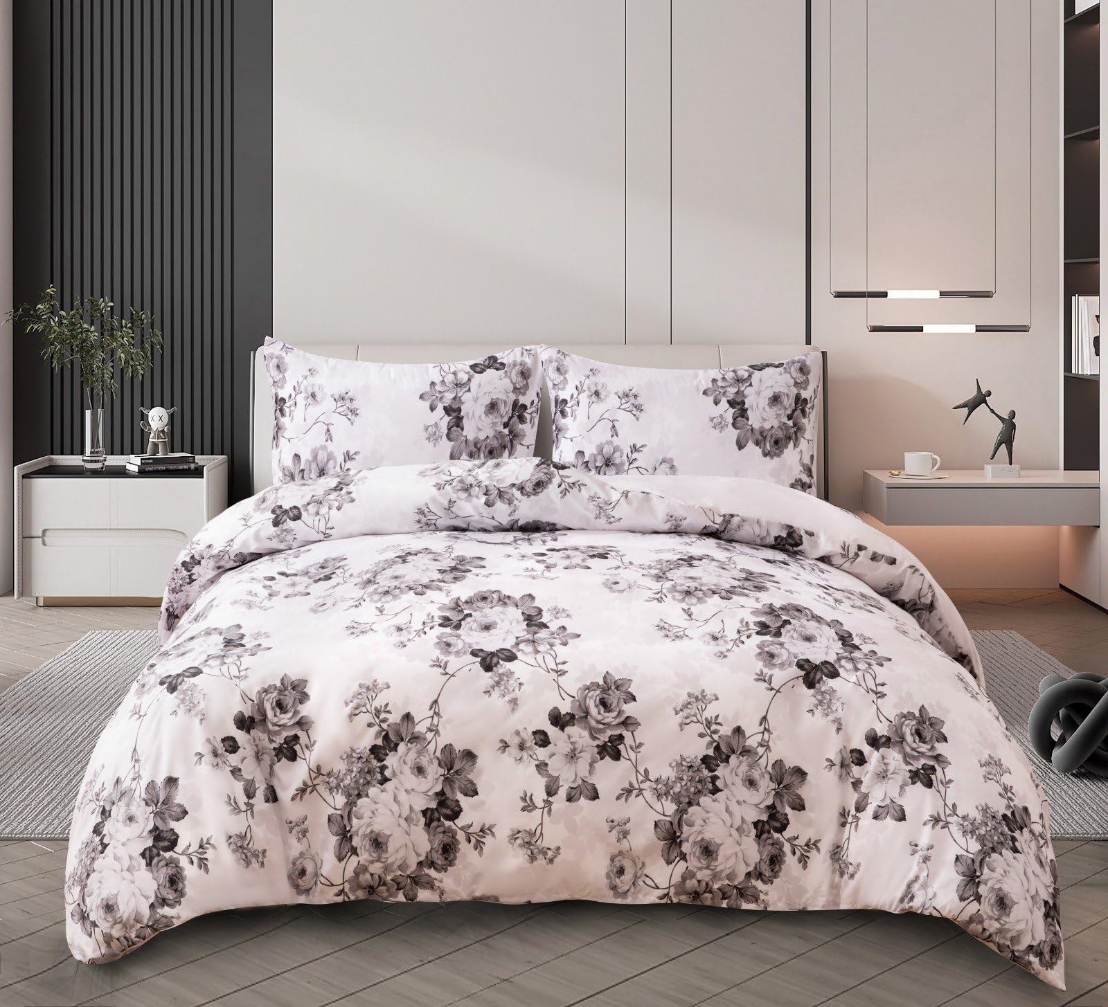 renoazul Microfiber Duvet Cover Sets Single - Single Bed Duvet Cover Set with Pillow Case & Fitted Sheet, Bedding Set Single, Soft & Easy Care - Single 3 Piece, Vintage Floral Grey