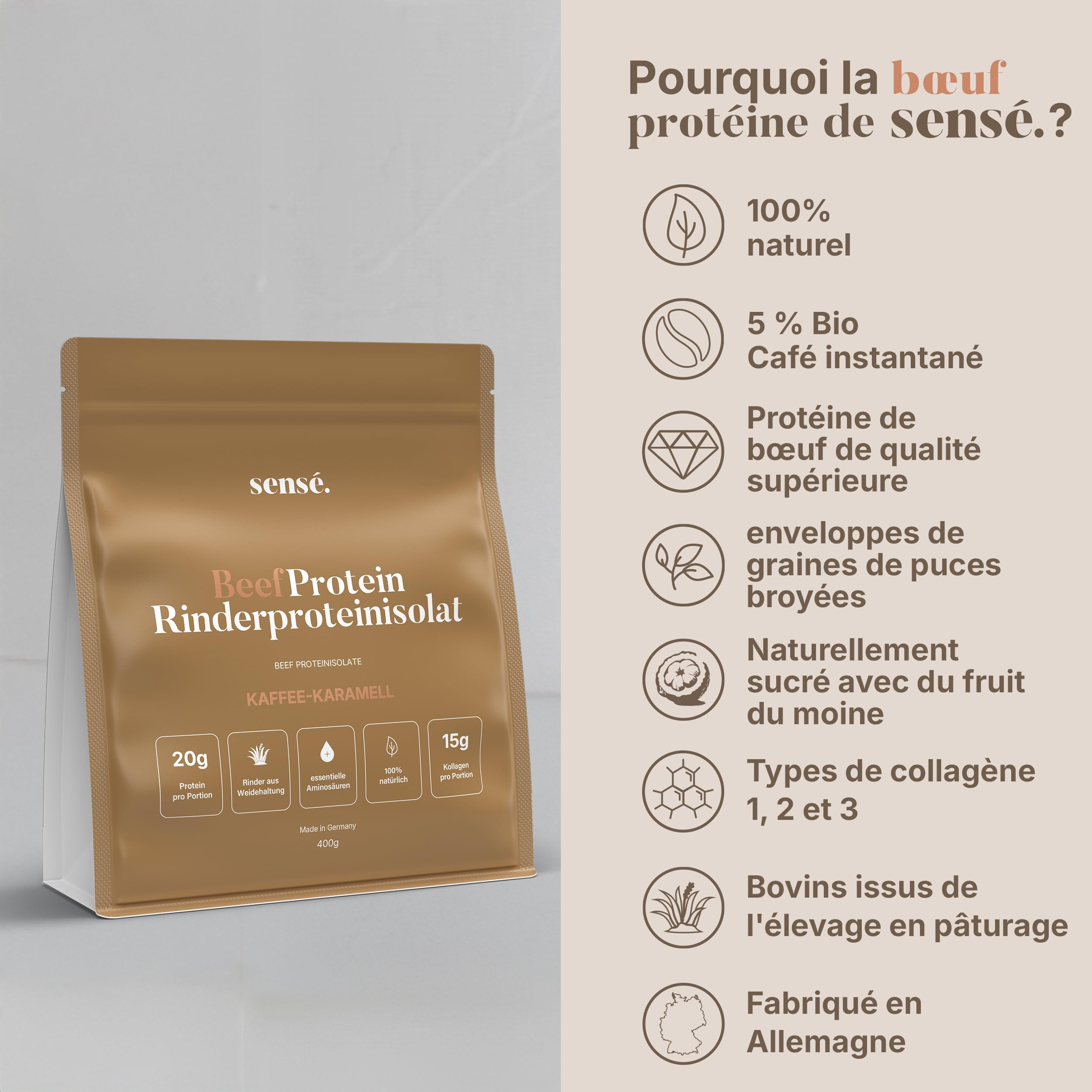 Poudre de protéines de bœuf au café et au caramel 400 g - 100% naturel | 20 g de protéines | 5% de café instantané et d'écorces de psyllium | Bioactif | Collagène 1, 2 et 3 | Bouillon d'os de bœuf