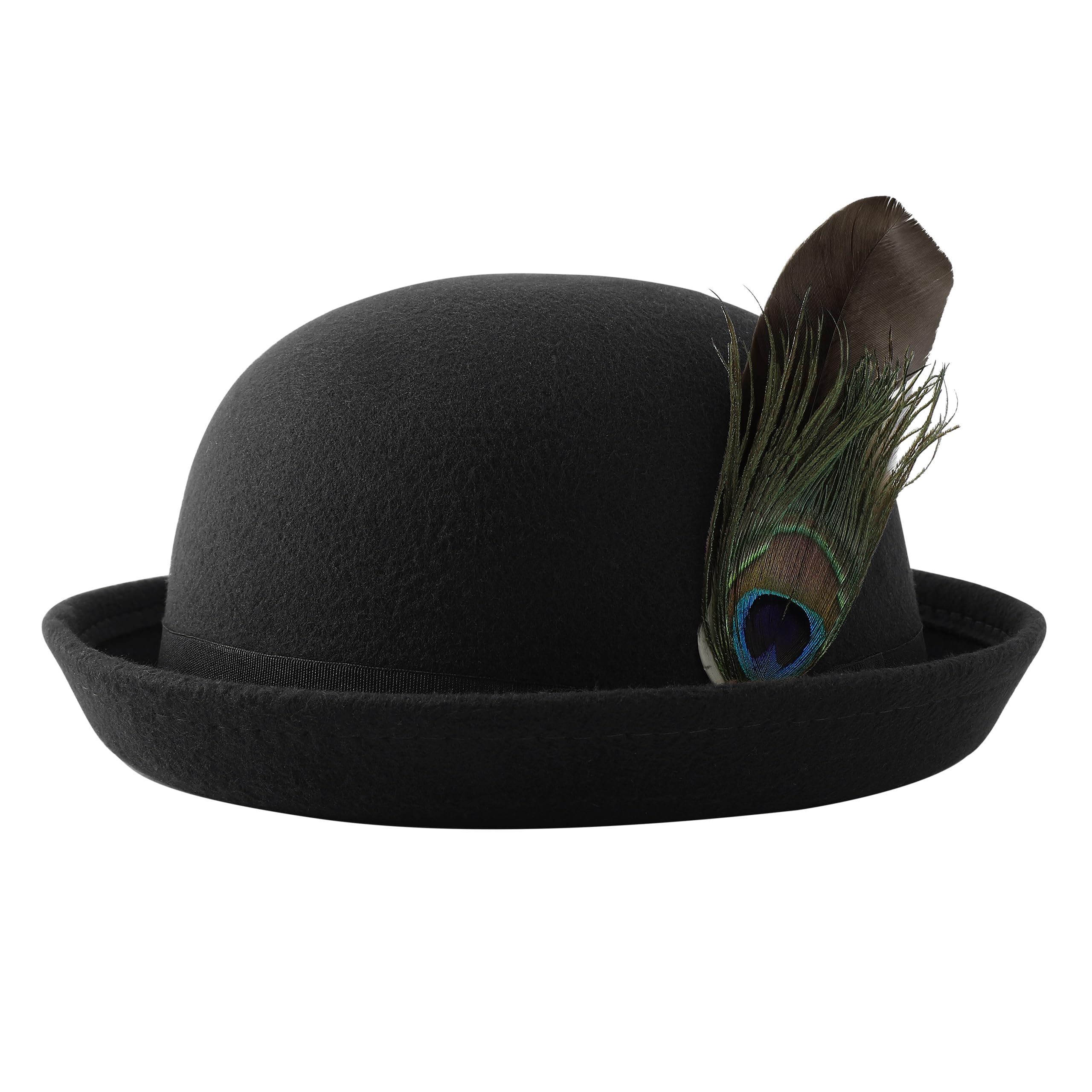 BABEYOND Derby Bowler Hat for Men-Women Short Rolled Brim Fedora Hat with Feather Formal Casual Black