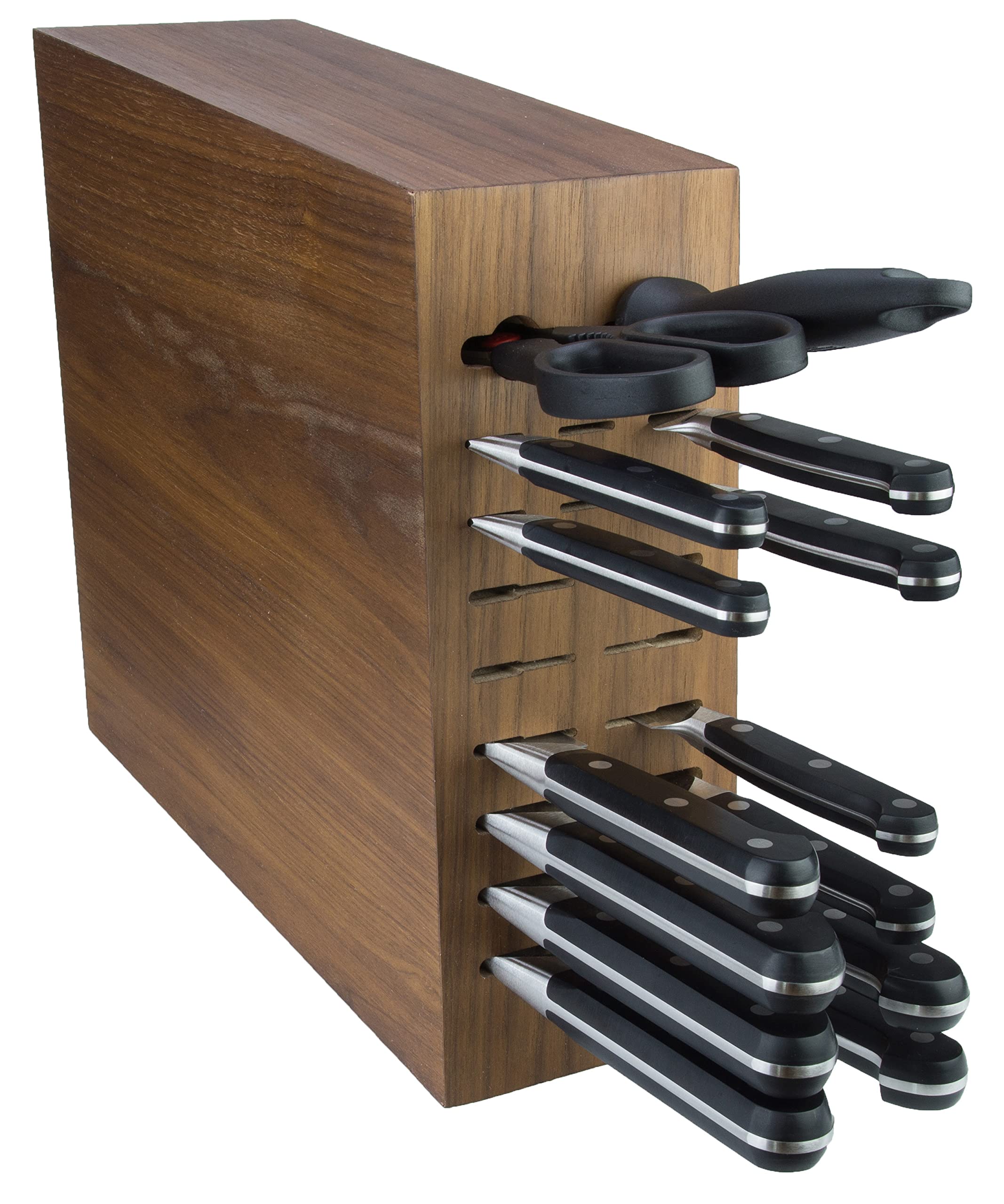 Bloque de cuchillos con 17 orificios, madera de nogal natural, vacío.