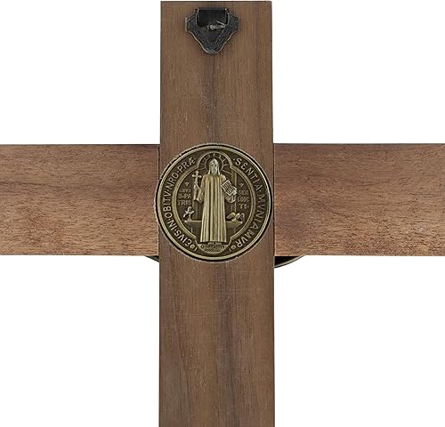 Miniatura 2 de Cruz de pared de madera con medalla de San Benito | Hermoso Jesús en tono bronce | Madera teñida maciza | Listo para colgar en la pared | Gran