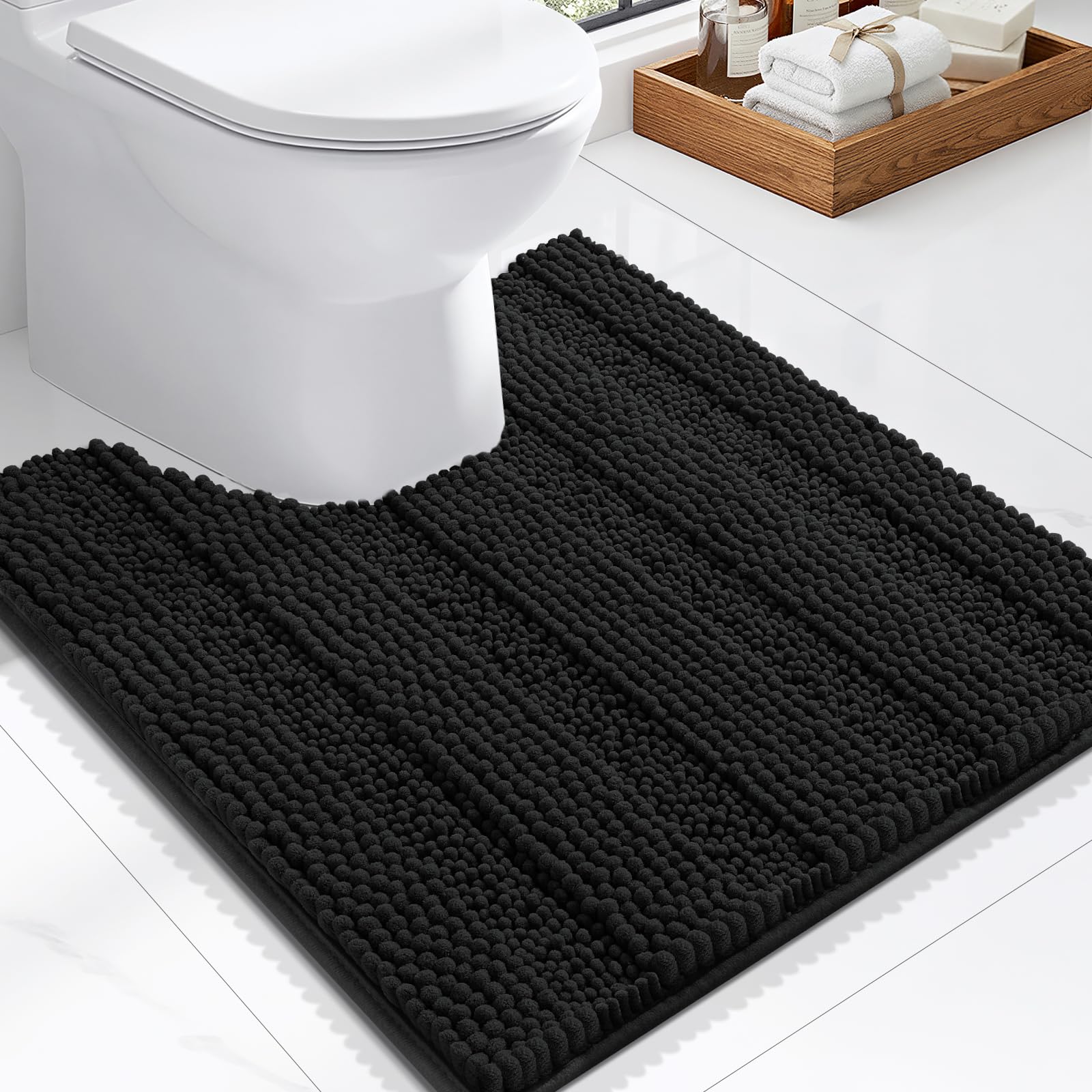 Grandaily Chenille Toilet Rugs U-Shaped 24x20, Soft Bath Mats, Deep Black