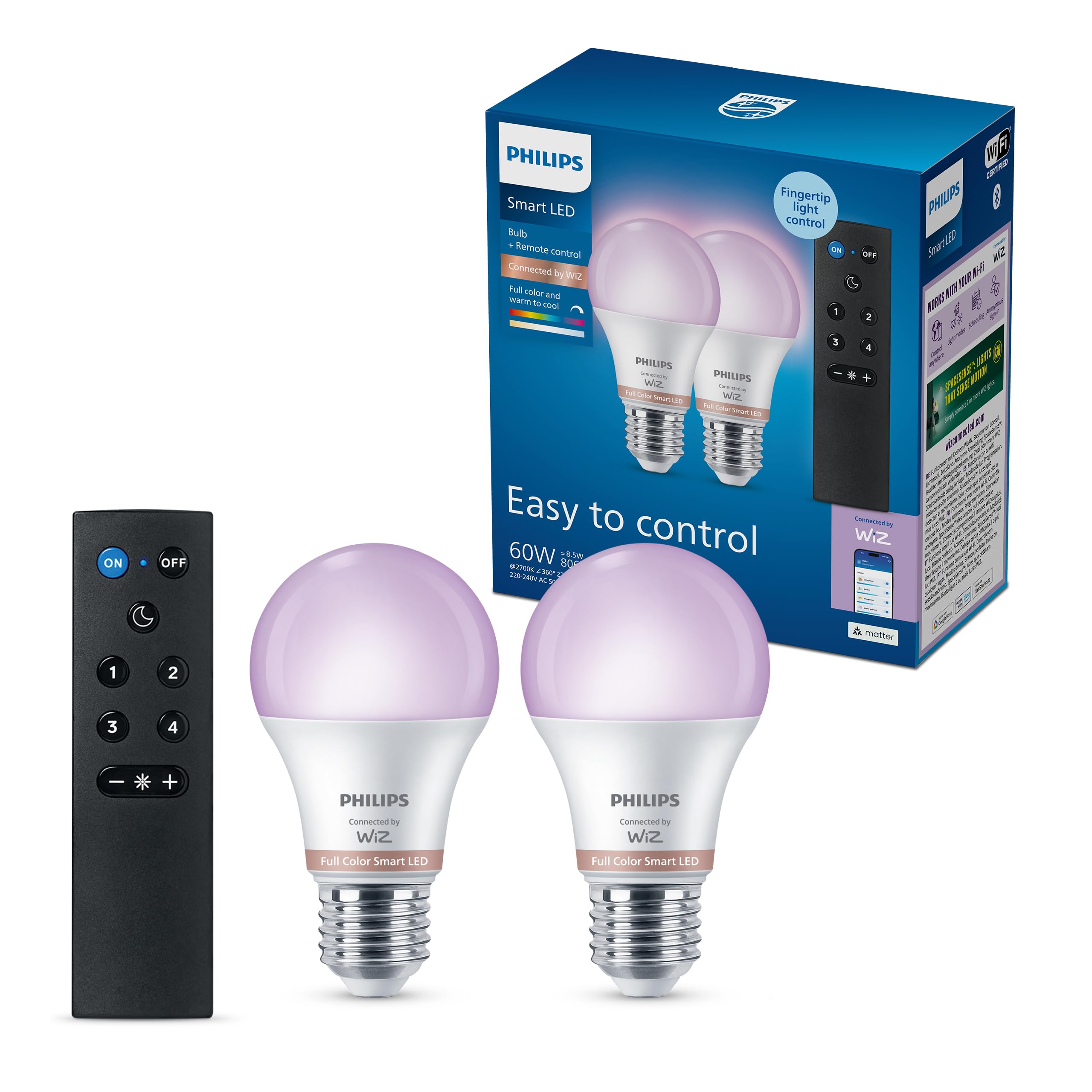 Philips Smart Lighting, LED RGB A60 Light Bulb with Remote, 2 Pack