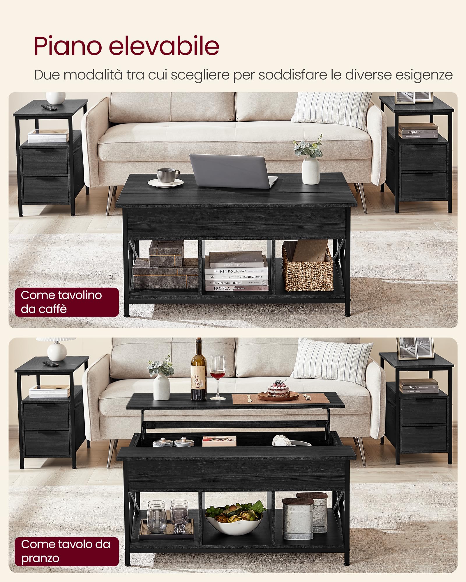 VASAGLE Tavolino da Caffè, Tavolino da Salotto con Piano Sollevabile, Tavolino con Spazio di Organizzatore Aperto e Nascosto, Barre a X, 60 x 100 x (48-62) cm, Grigio Antracite e Grigio LCT205B22