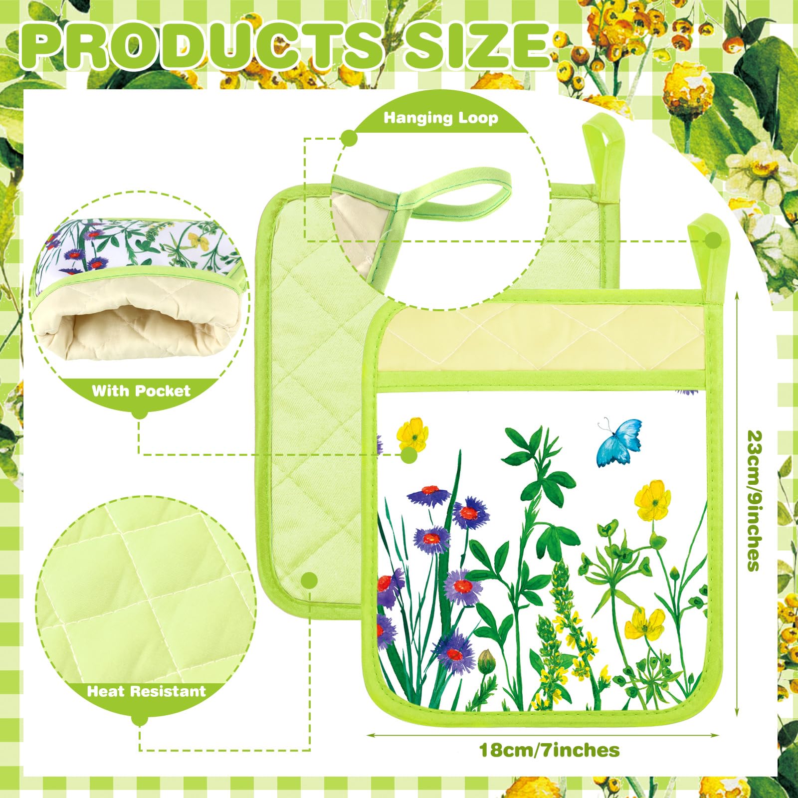 Pickmesh 12 Pcs Floral Pot Holders for Kitchen with Pocket Heat Resistant Hot Pad Cotton Wildflowers Potholders Floral Oven Mitts Gloves for Cooking Baking, 9 x 7 Inch