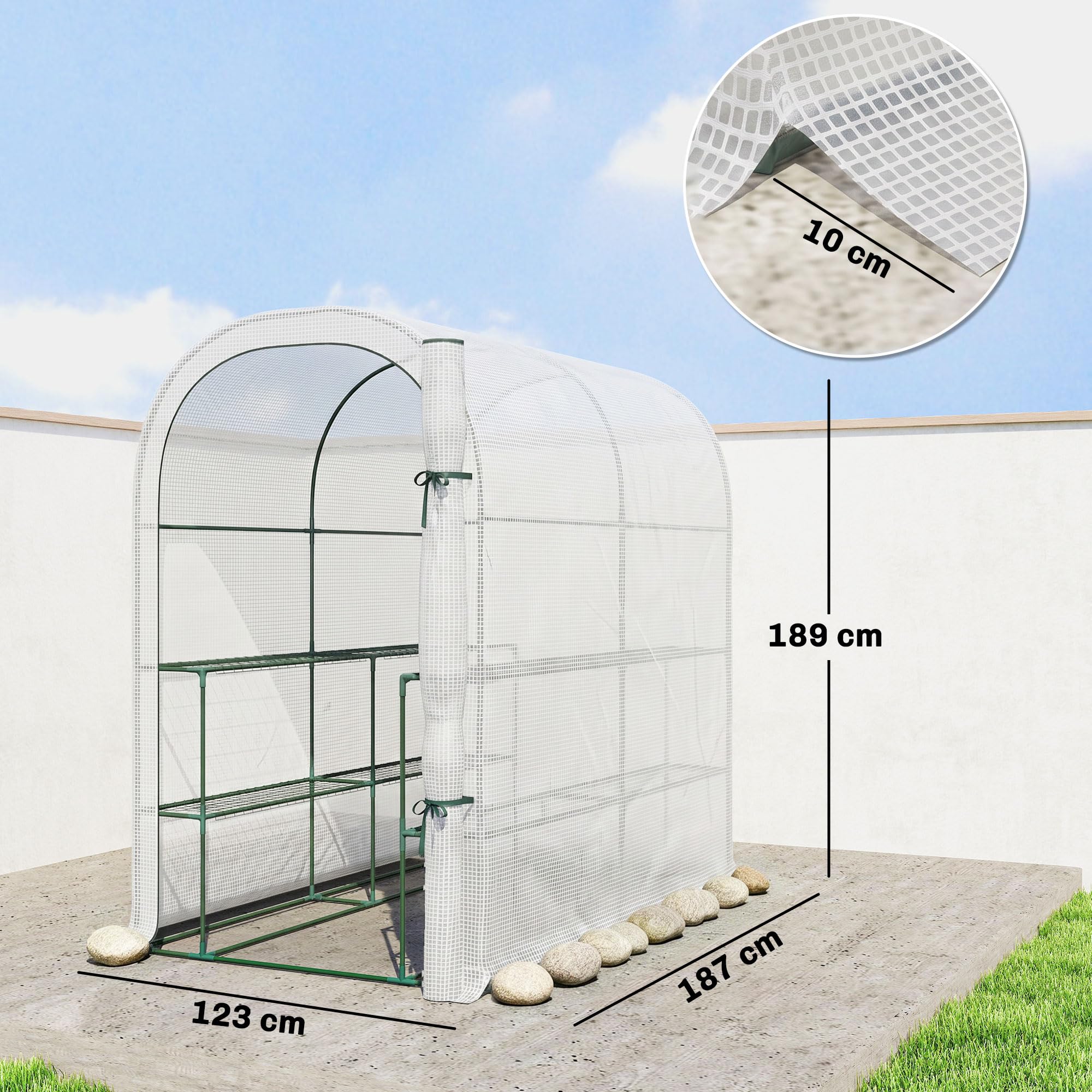 Outsunny Serra da Giardino con Scaffali a 2 Livelli e Porta Avvolgibile, Serra per Orto con Struttura in Acciaio, Copertura in PE Anti-UV, per Orto Verdure Fiori Piante, 123x187x189 cm, Bianco