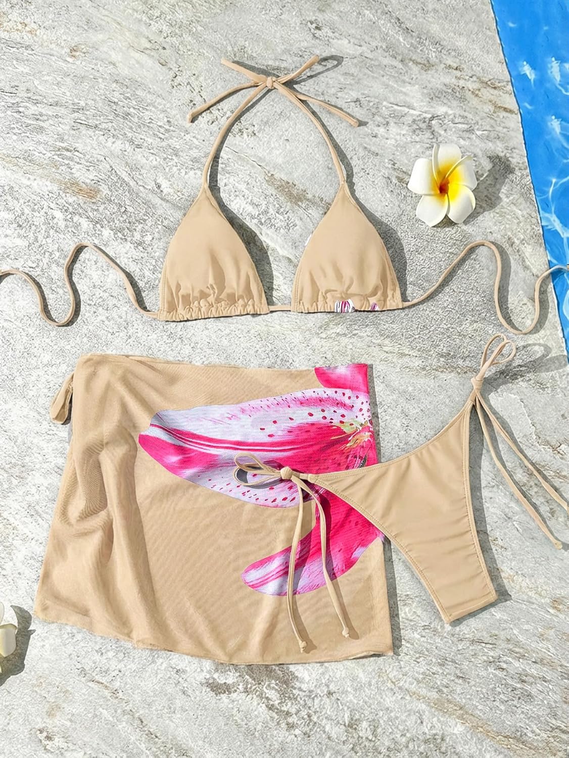Verdusa Women's 3 Piece Floral Thong Bikini with Sheer Overlay Swimsuit with Cover Up Skirt