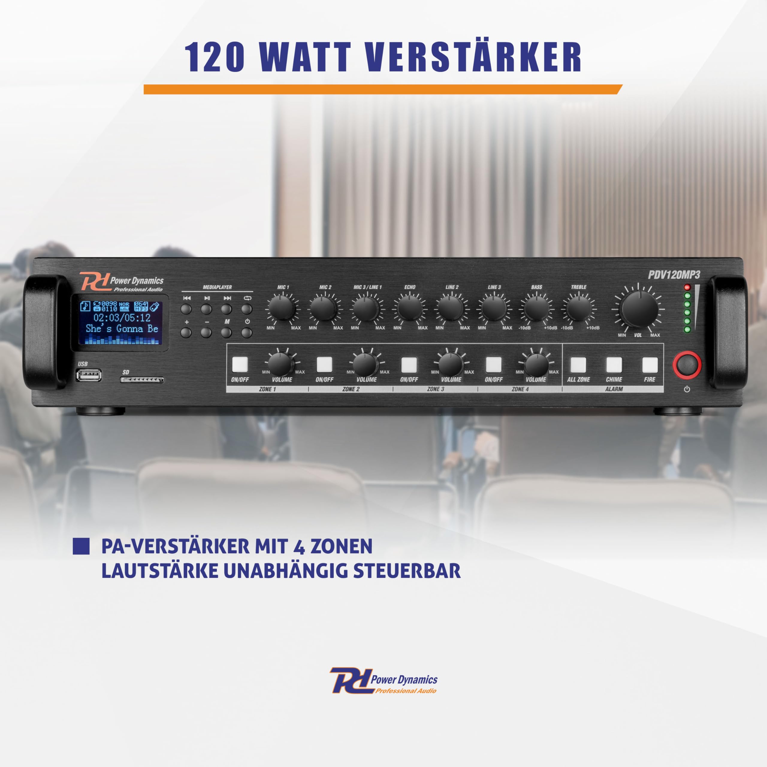 Power Dynamics PDV120MP3-4 Zonen Receiver 120 Watt, PA Verstärker mit Bluetooth, MP3, USB, SD & UKW Radio, 3x Mikrofon Anschluss, Karaoke, 3x Audio Eingang, 100 Volt System - Schwarz
