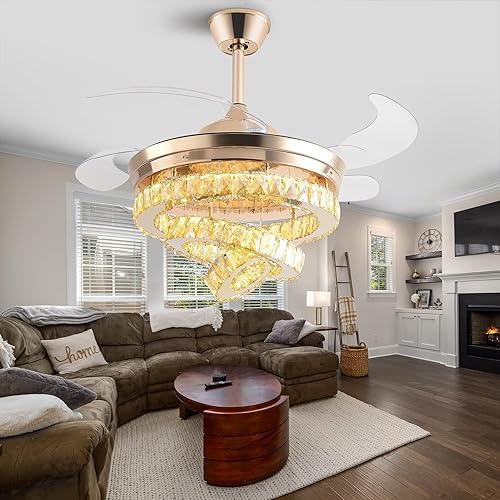 Miniatura 8 de Ventilador de techo de cristal de 42 pulgadas con luces, modernos candelabros de cristal, ventilador de techo remoto, lámpara regulable, ventilador