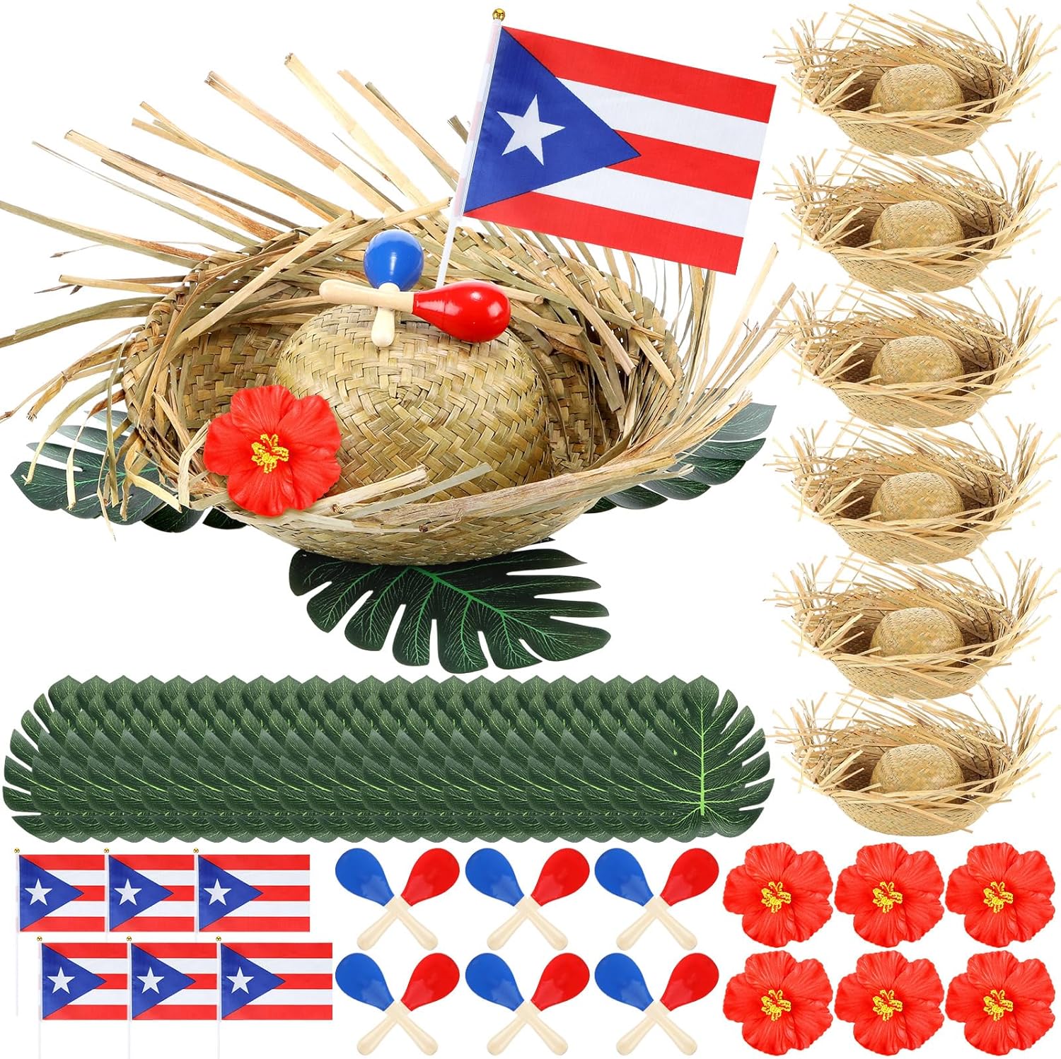 Sieral 6 Sets 54 Pcs Puerto Rico Party Centerpieces, Puerto Rican Birthday Decorations with Flags, Hibiscus Flowers, Straw Hat, Monstera Leaves, Maracas, Table Decor for Patriotic Festival Supplies