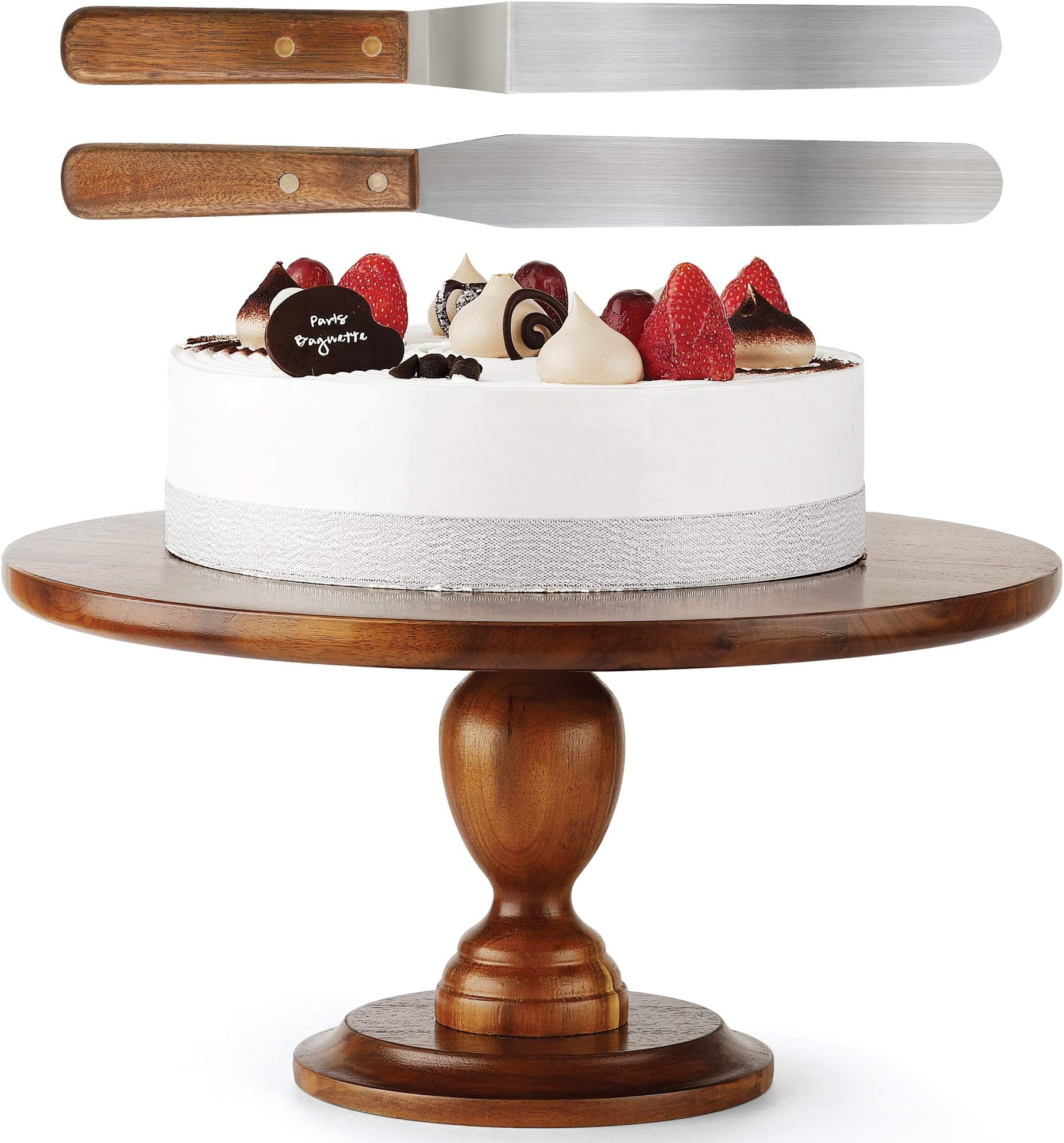 RABAHA Acacia Wood Cake Stand Rustic – 13 inch Cake Stand Wooden with 2 Icing Spatulas - Wedding and Birthday Cake Pedestal - 100% Natural Ideal for Use at Parties, Weddings, Restaurants (13 Inch)