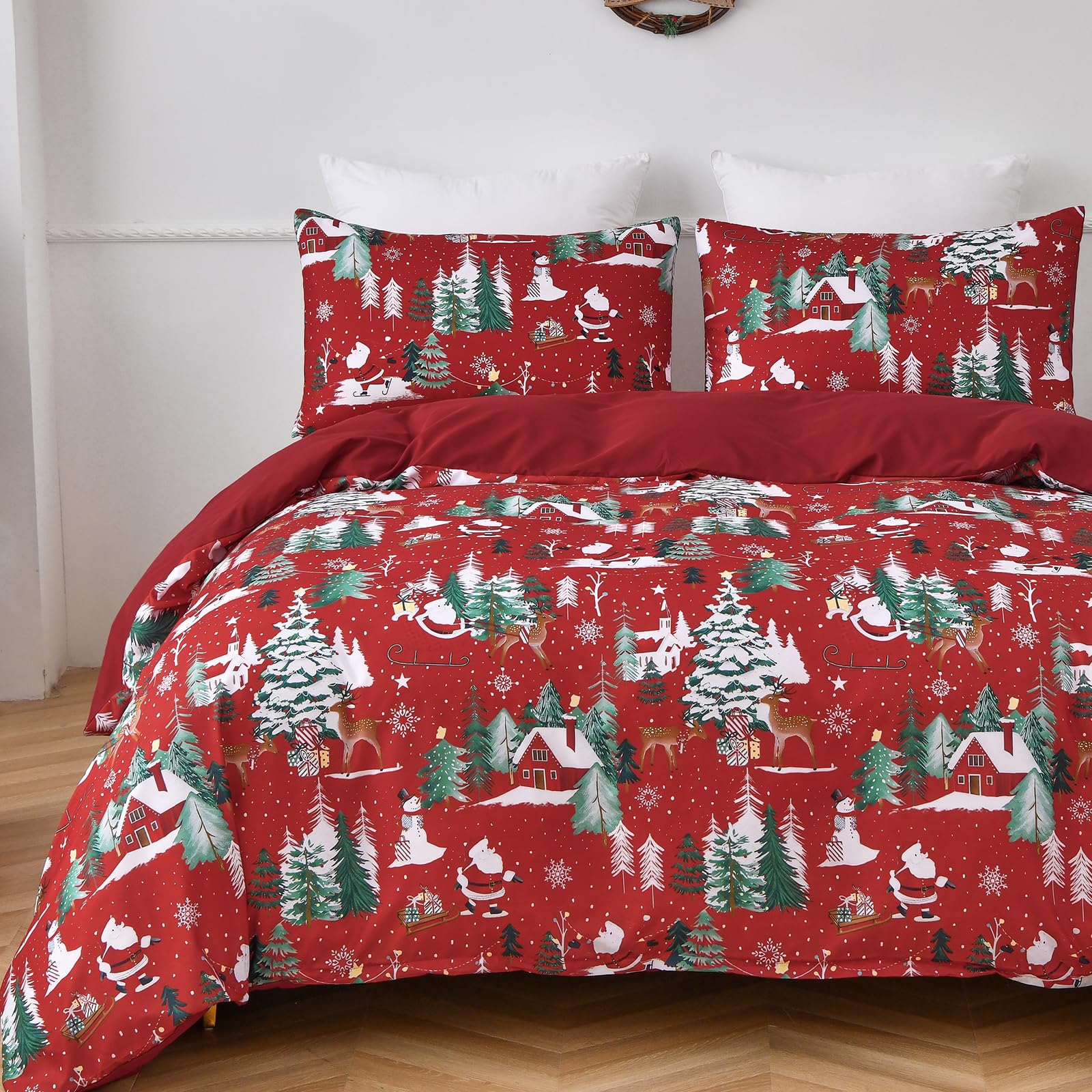 DJY Christmas Double Duvet Cover Set 3 Piece, Red Santa Claus Snowflake Tree Pattern - Image 4