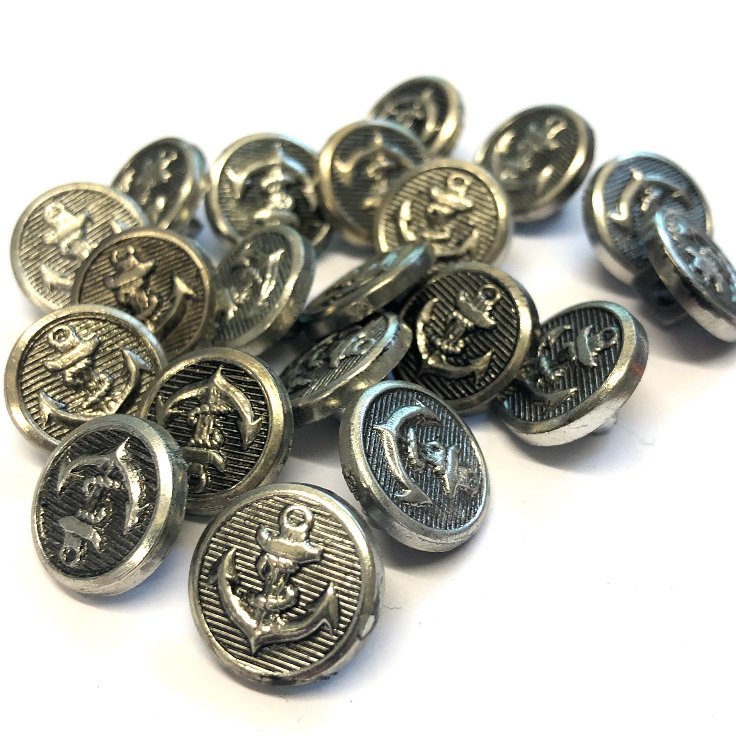 Pack of 20, 15mm (24L) Aged Silver Metallic Buttons with Anchor Design