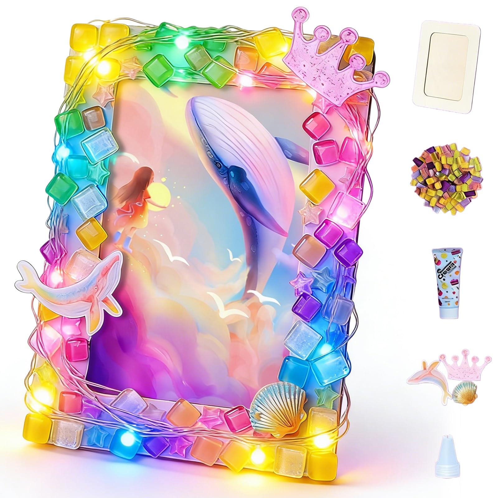 YUPDFGB Mosaic Magic Lights Photo Frame, Craft Kit, Colourful Mosaic Tiles, Light Up