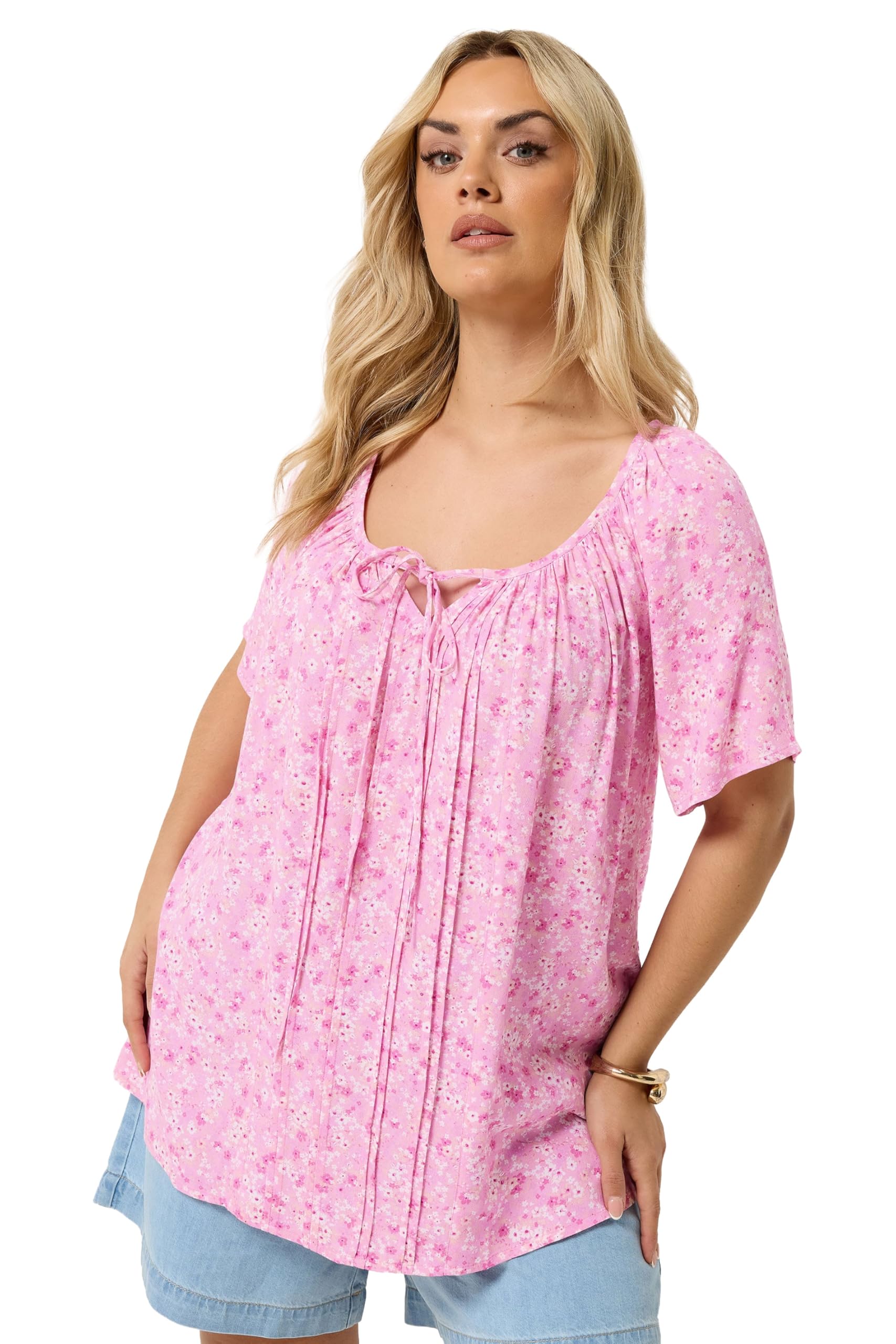 Yours Women's Floral Tie Neck Blouse in Pink | Size: 14