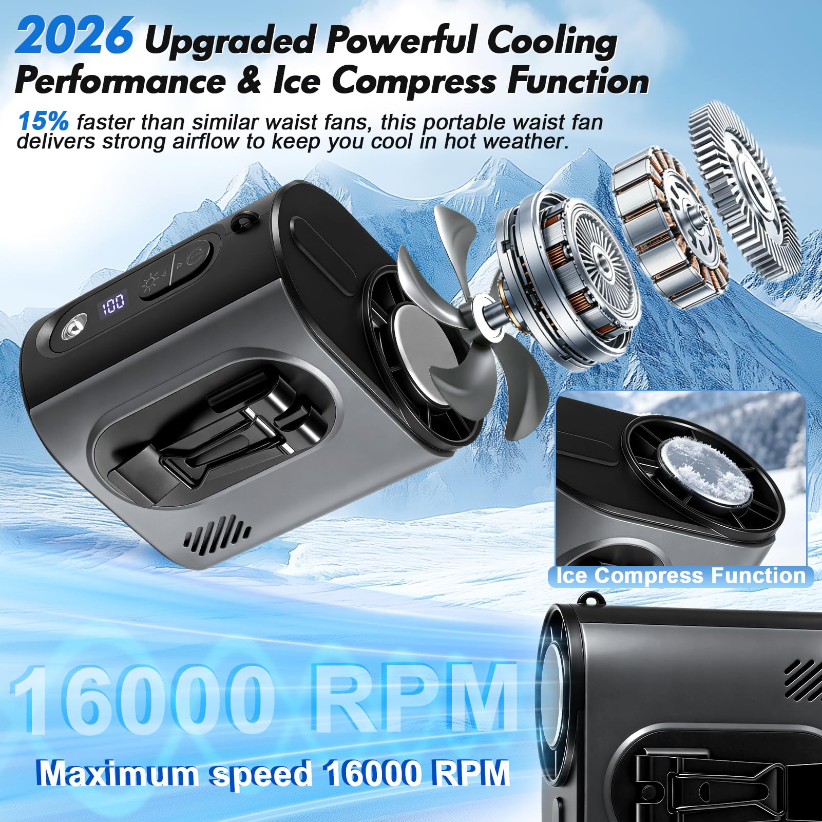 Ventilatore portatile da Cintura con funzione di impacco freddo, 6000mAh Raffreddamento Ventilatore da Vita 5 velocità Ventilatori da collo Raffreddatore indossabile con luce LED &cordino collo
