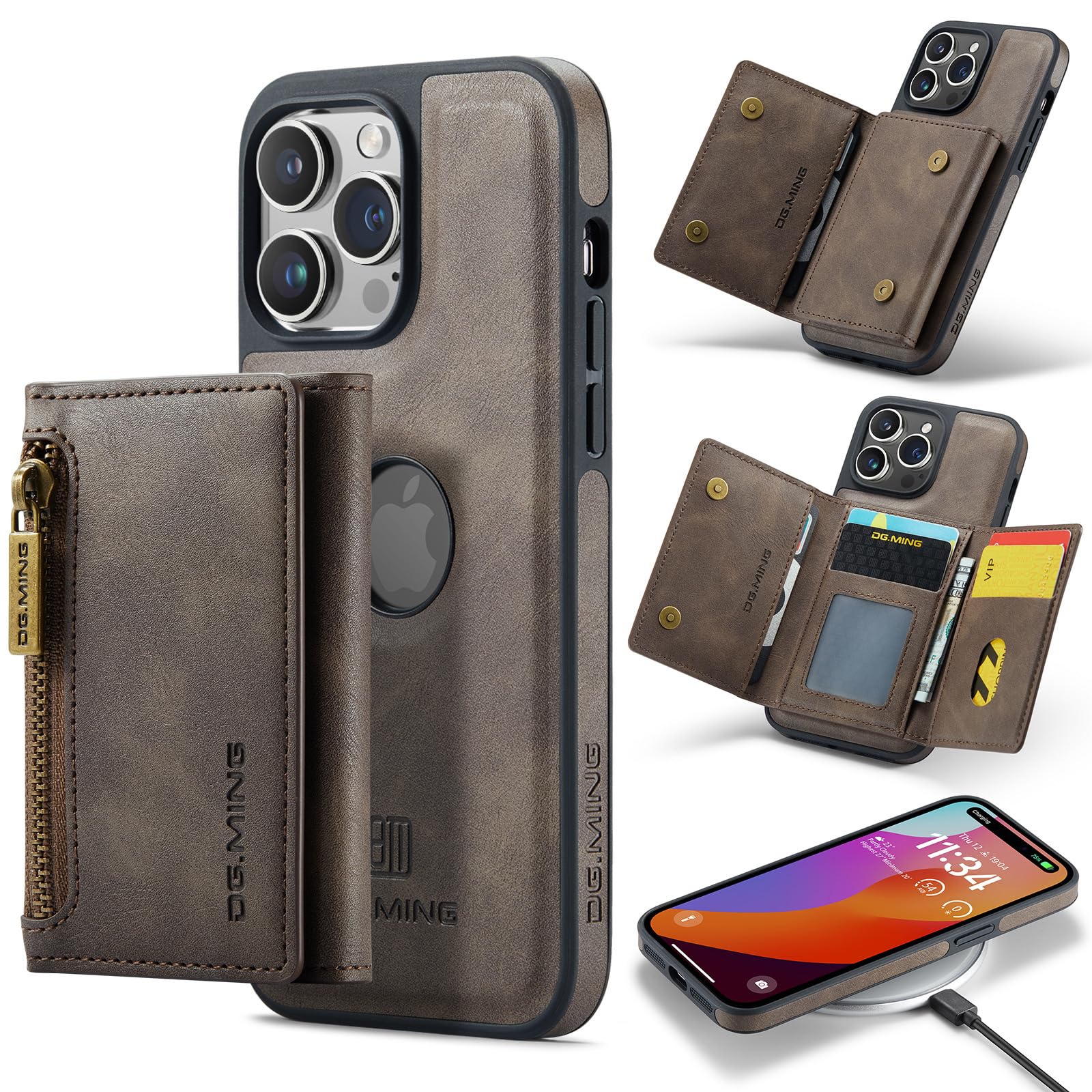 PUCHEN Case Compatible with Iphone 15 Pro, Wallet Case with 7 Card Slots and Strong Magnetic Detachable and Kickstand Holder, Supporting Wireless Charging Cover (Coffee, Iphone 15 Pro)