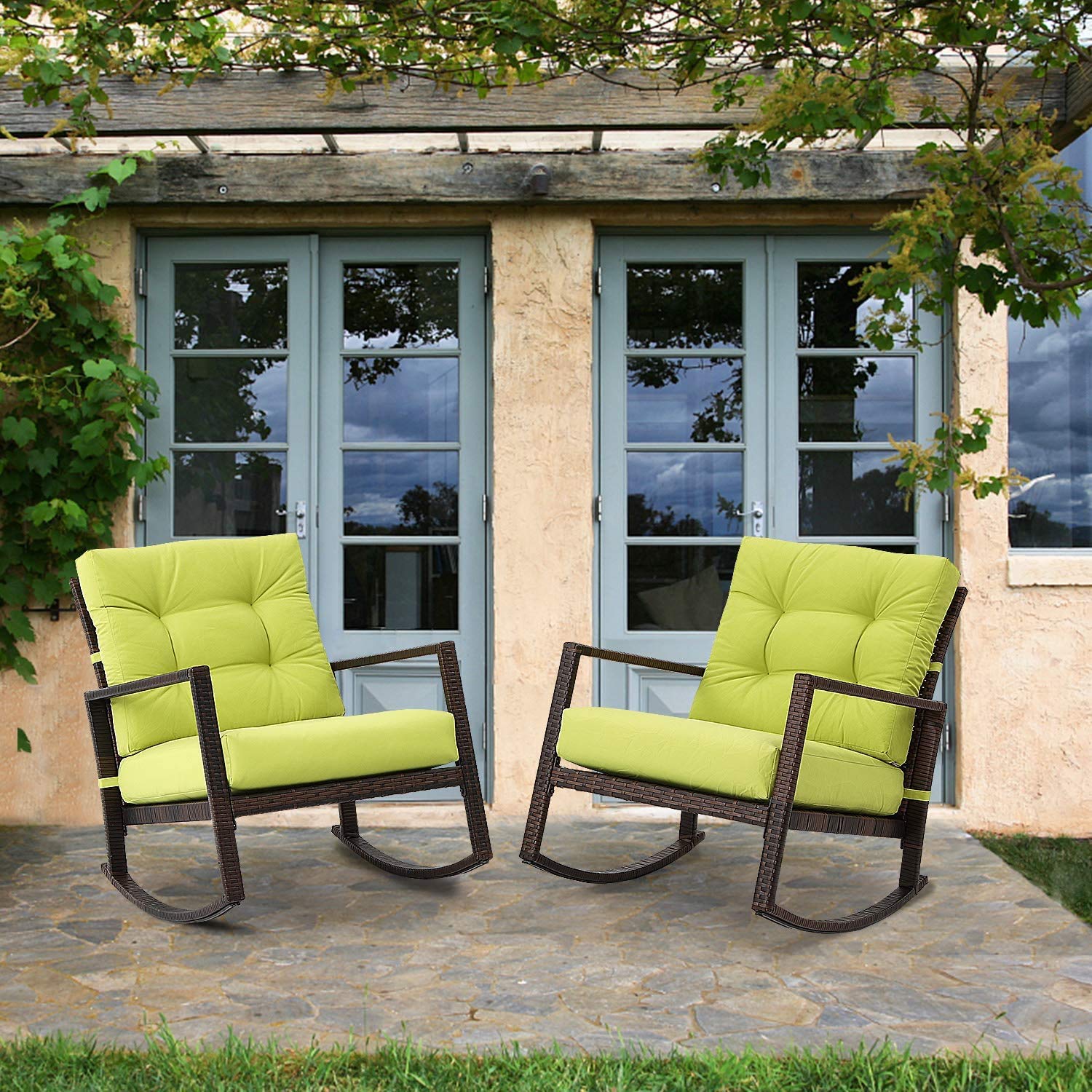 Crownland 2-Pack Outdoor Patio Rocking Chair Wicker Chair with Thick Cushion Rocking Bistro for Back