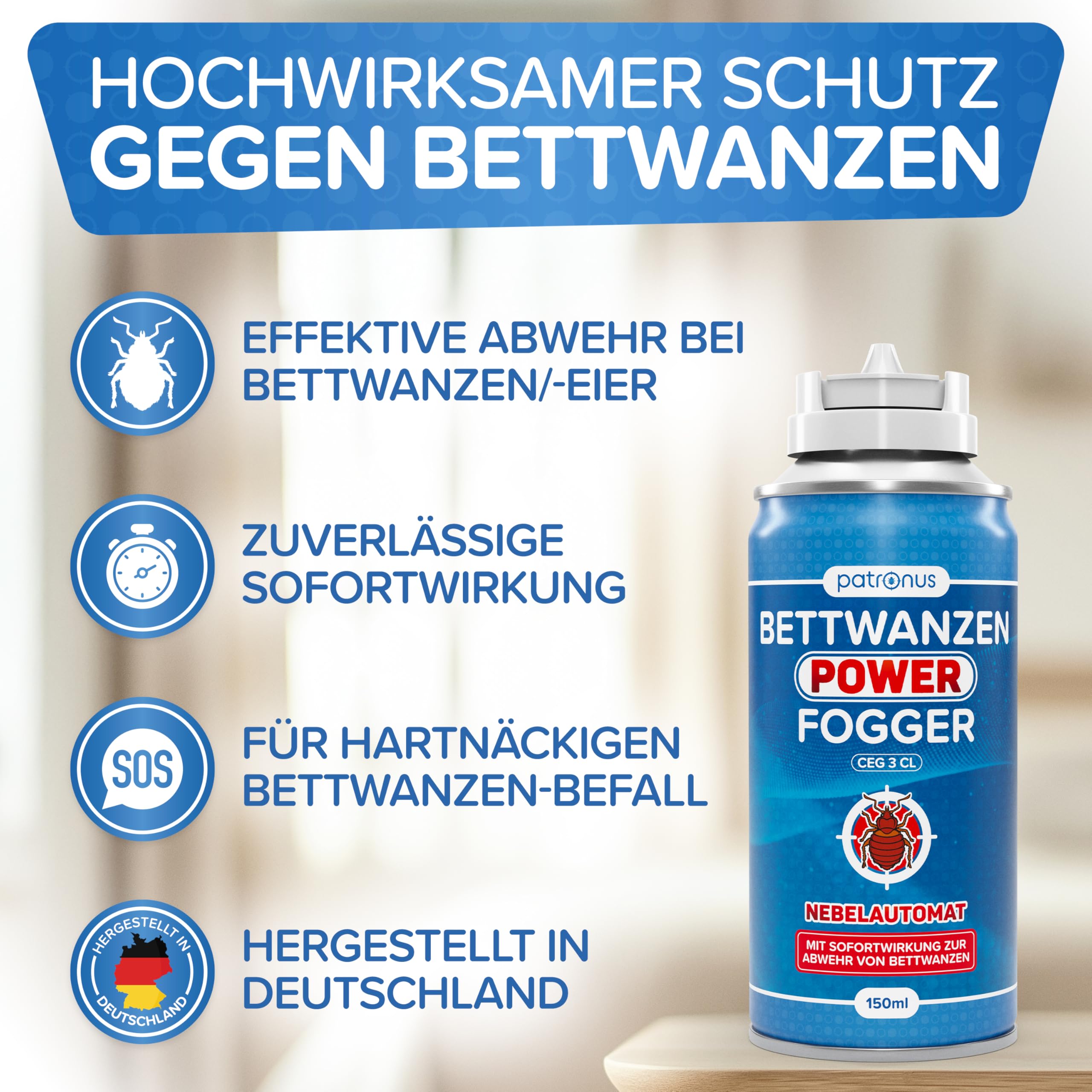 Patronus Bettwanzen Power Fogger mit maximaler Sofortwirkung [2x 150ml] | effektiver Vernebler zur Bettwanzen-Abwehr, für schwierig erreichbare Bettwanzen-Verstecke, aus deutscher Produktion