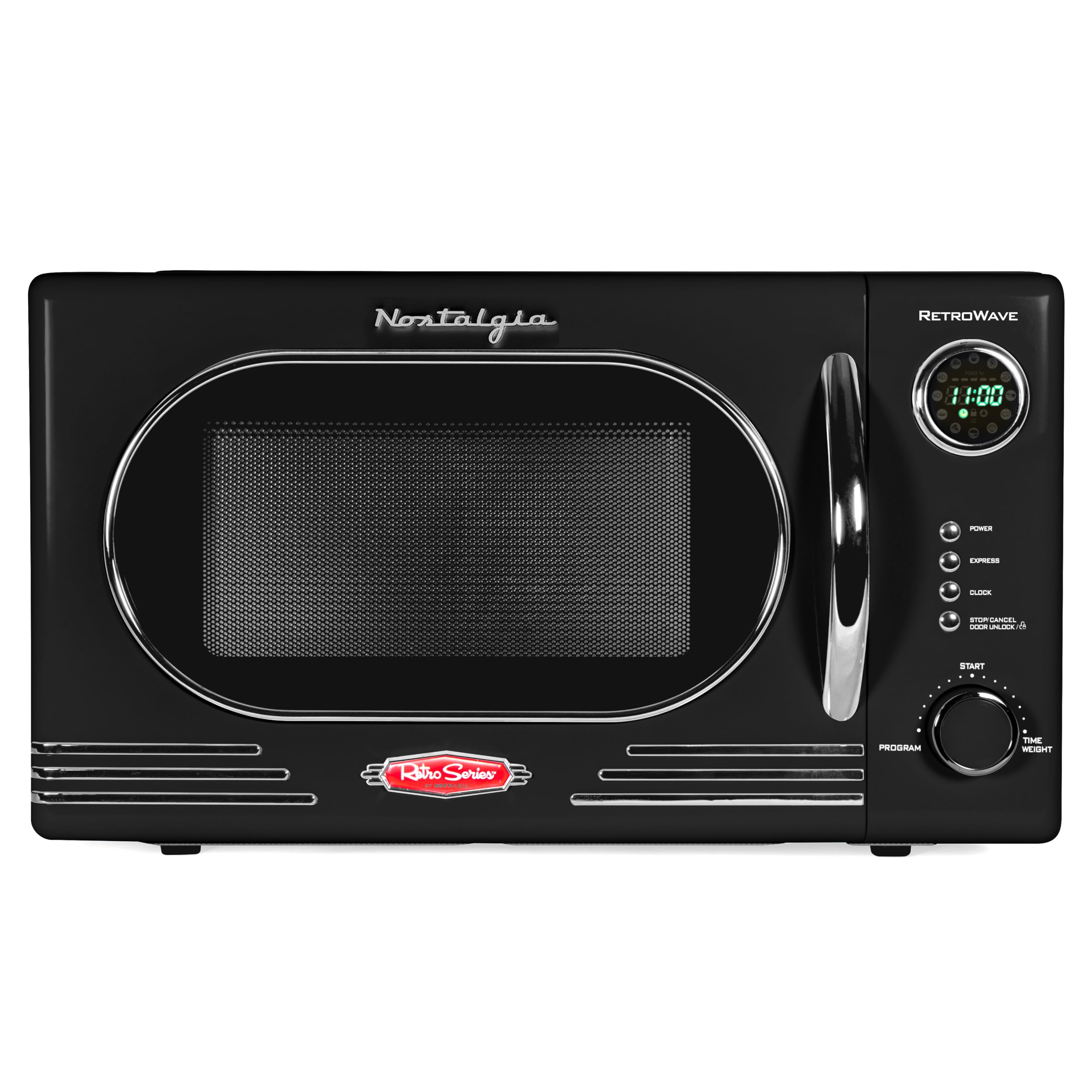 Nostalgia NRMO11BK6A 1000 Watt Power Retro Countertop Microwave Oven Easy to Clean with Removable Glass Turntable-Child Safety Lock-12 Programs-Digital Clock, 1.1 Cu Ft, Black