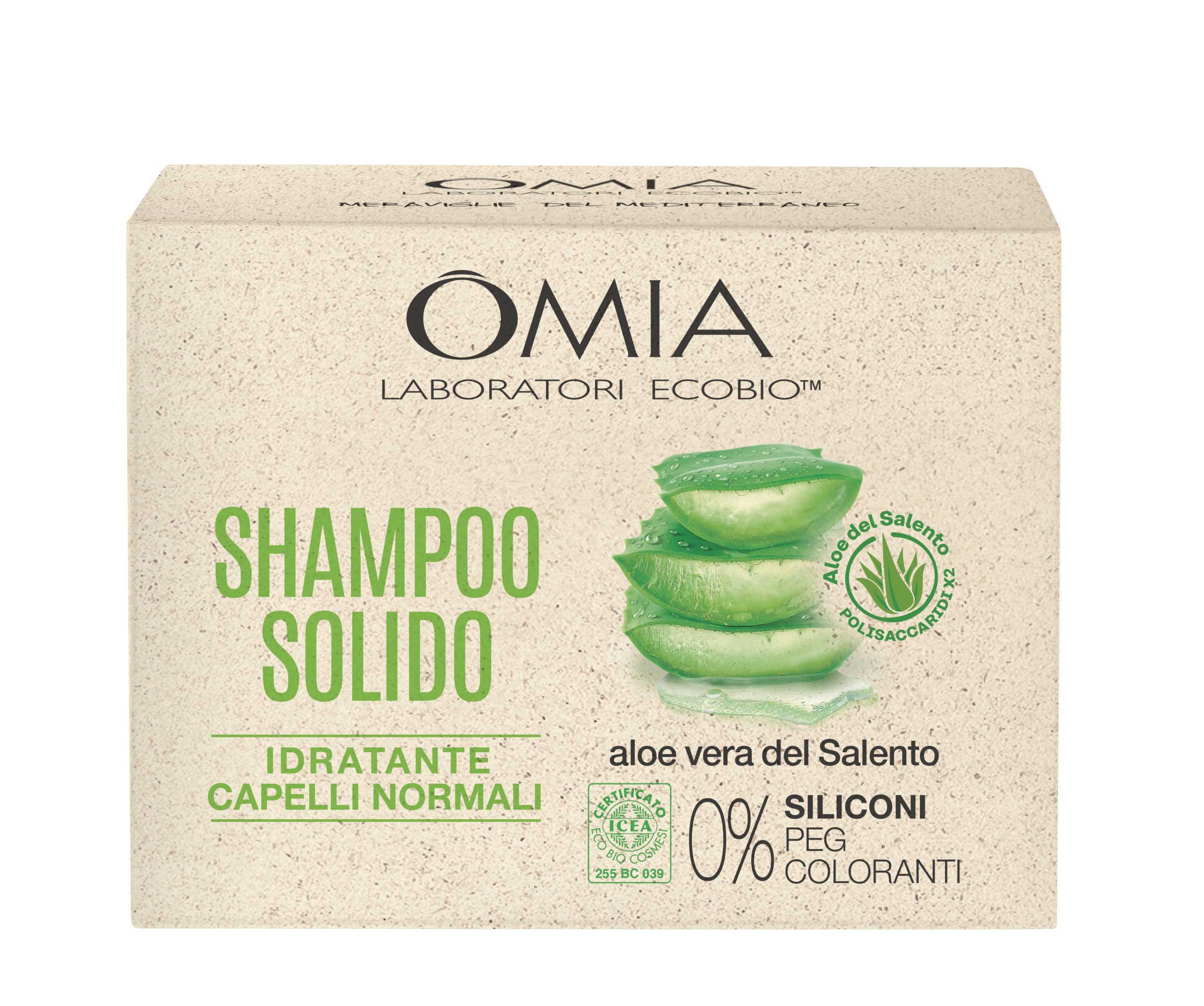 Omia, Shampoo Solido Aloe del Salento per Capelli Normali, Formula Idratante, Senza Siliconi e Coloranti, Adatta a Tutti i Tipi di Pelle