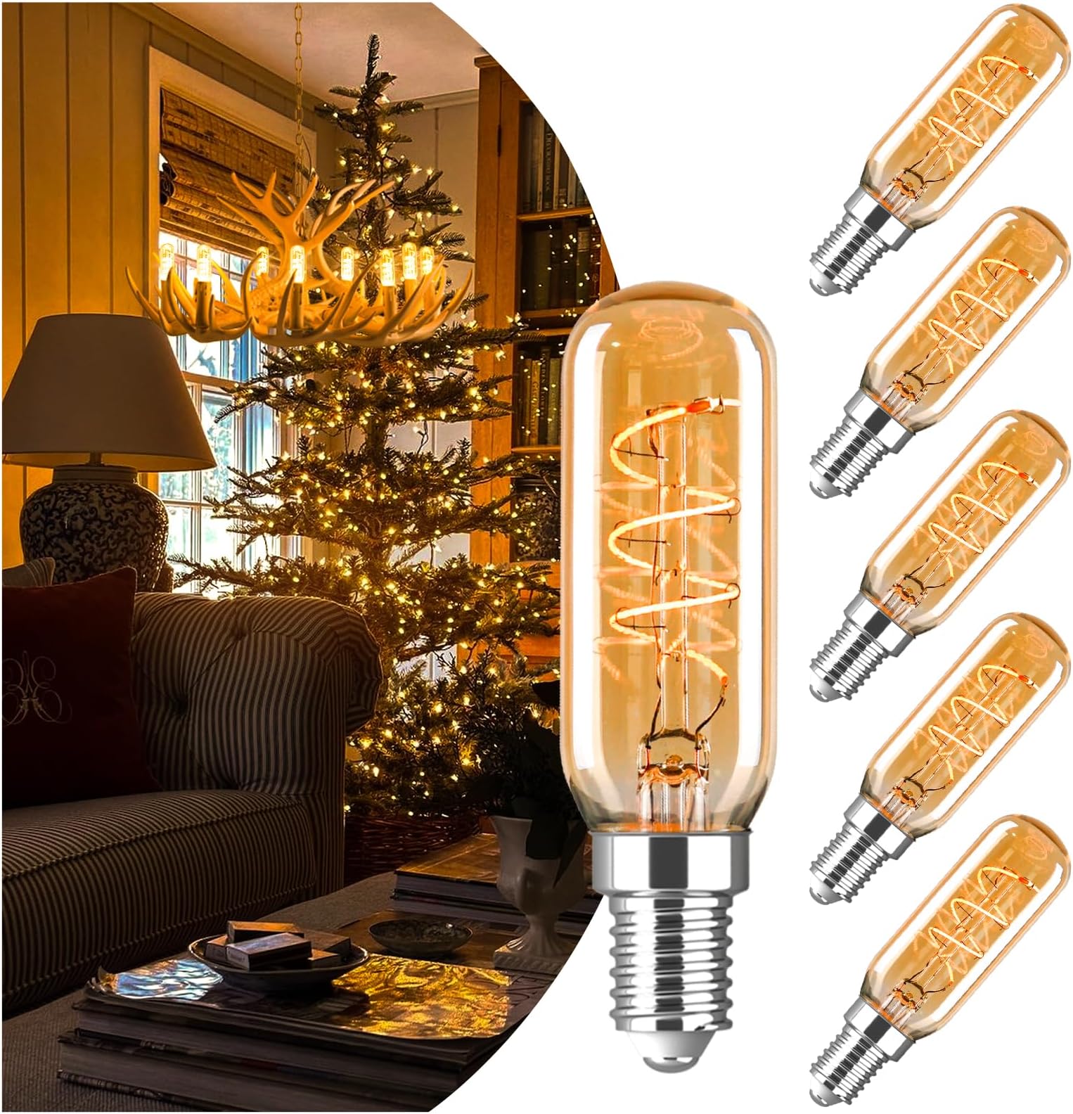 AMDTU E12 Chandelier Light Bulbs 40 Watt 2000K Soft Yellow, Ultra-Thin Spiral Filament Dimmable Led Edison Warm Light Bulbs Candelabra, Ceiling Fan Candle Amber Light Bulb, T25 E12 Bulb 4W, 6 Pack