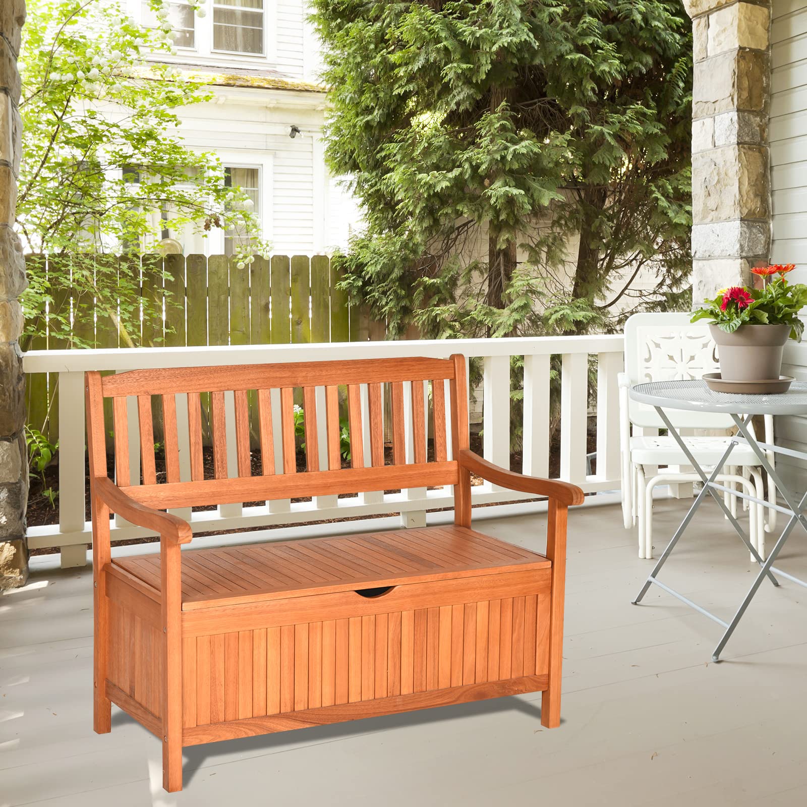 GOPLUS Banco de Jardín con Almacenamiento y Respaldo Ergonómico | Banco Exterior para 2 Plazas, Asiento Cómodo, Banco de Intemperie para Terrazas, Balcones y Patios, 107 x 59 x 90cm