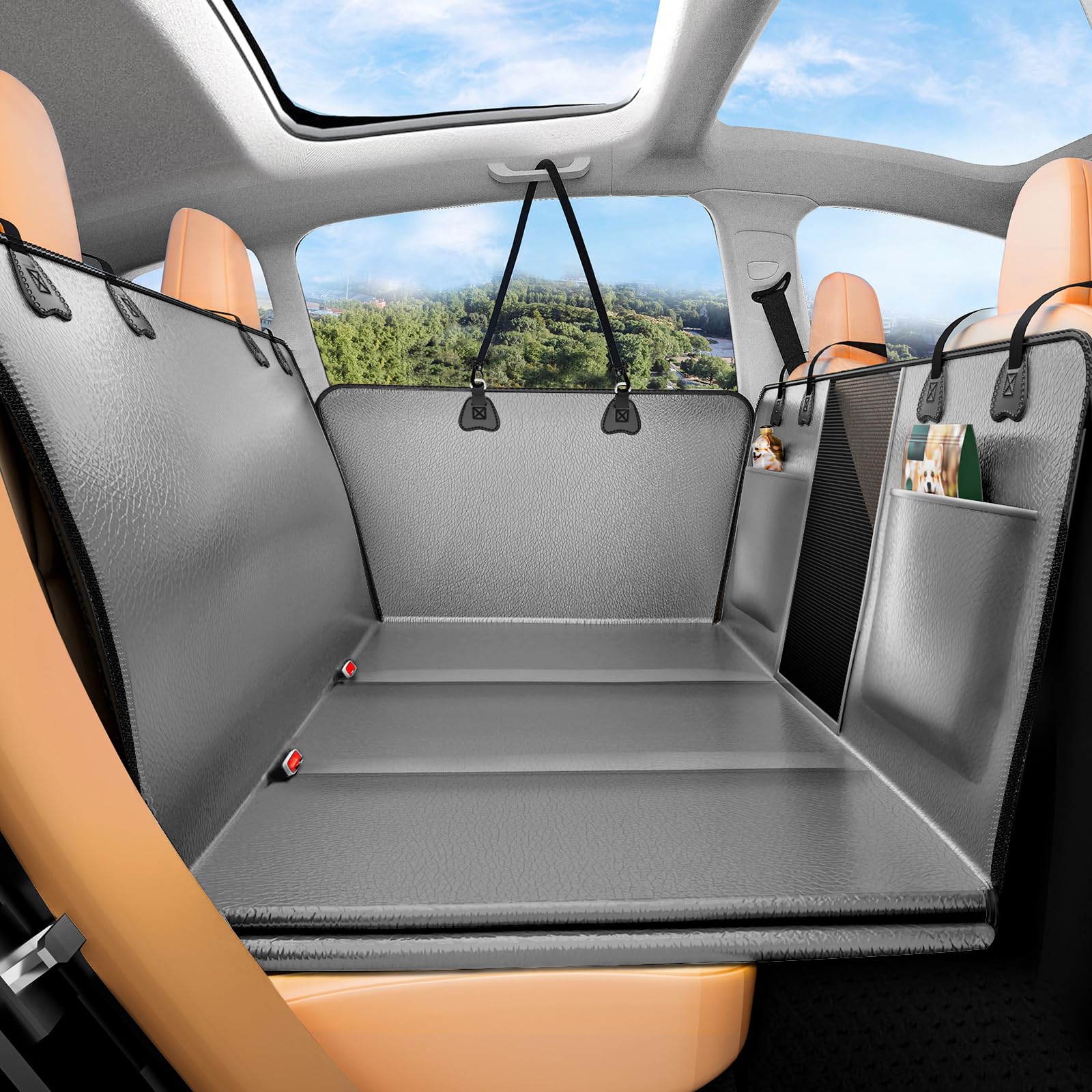 Hard Bottom Dog Car Seat Cover for Back Seat – Waterproof Nonslip Hammock Extender for Trucks & SUVs, Heavy Duty Pet Protector, Gray Faux Leather