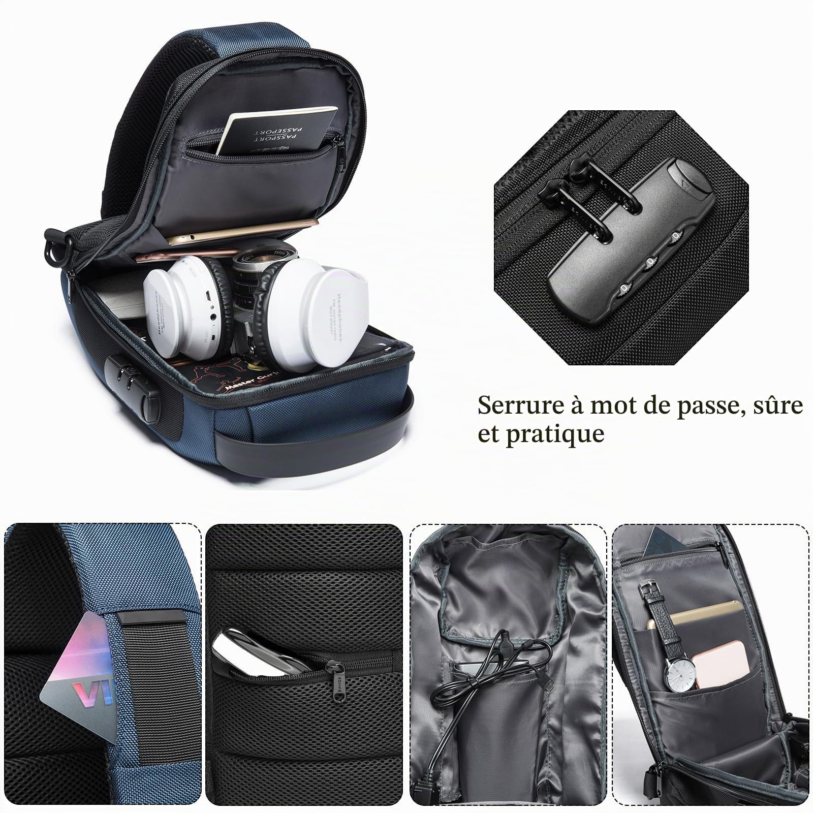 FANDARE Sac Bandoulière Anti-Vol pour Homme et Femme, Sac de Poitrine avec Port USB, Sac Crossbody Étanche, Sac à Dos Bandoulière pour Randonnée Vélo Course Voyage