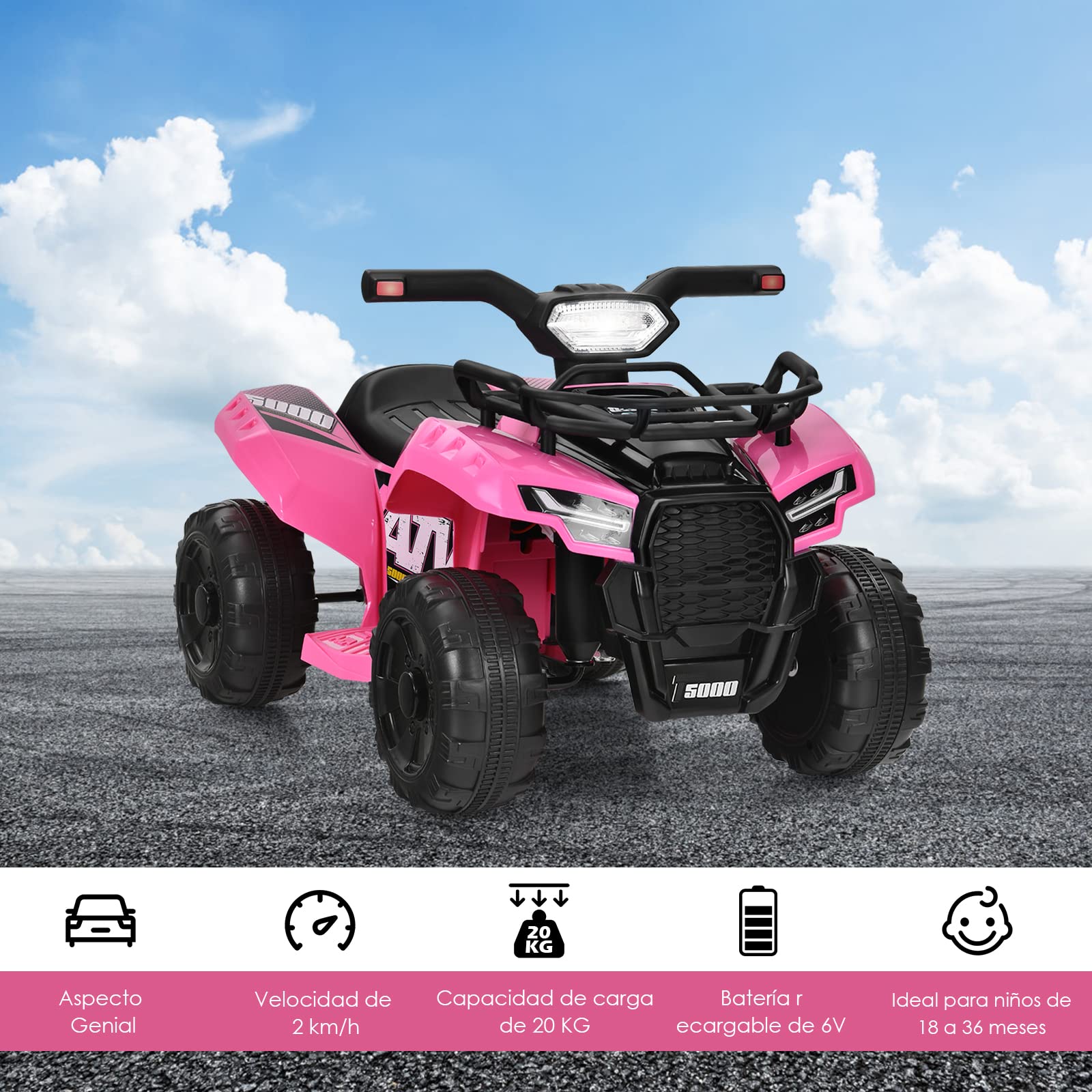 COSTWAY 6V ATV Quad Eléctrico Niños, Coche Eléctrico con Ruedas Resistentes, Música, LED, Rosa