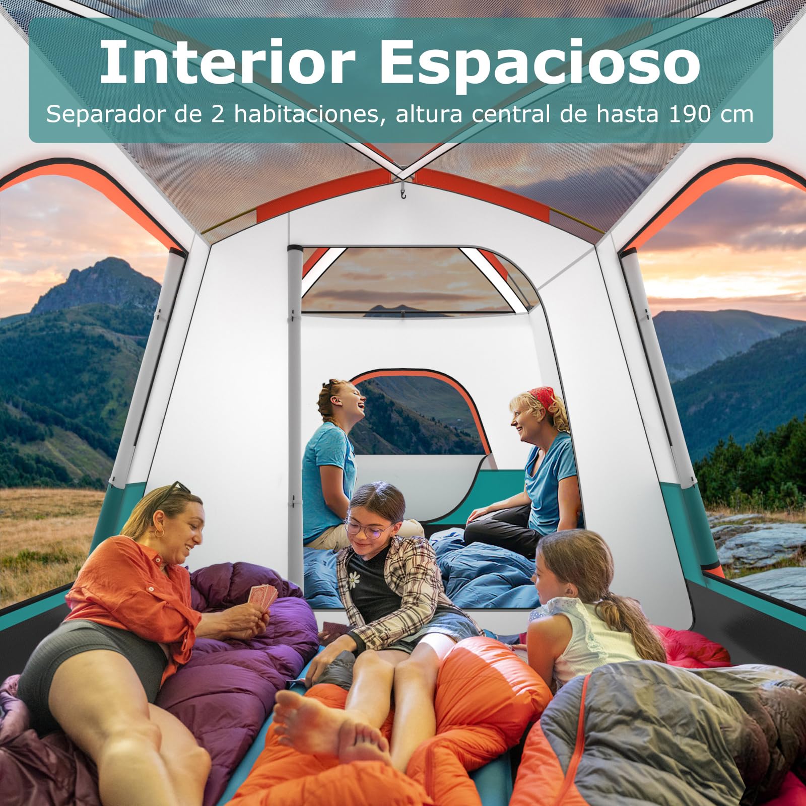 COSTWAY Tienda de Campaña 4-10 Personas, Porche, 2 Habitaciones, 2 Puertas, 2 Ventanas de Malla, Tienda de Campaña Familiar Grande, Capa Doble para Camping, Picnic