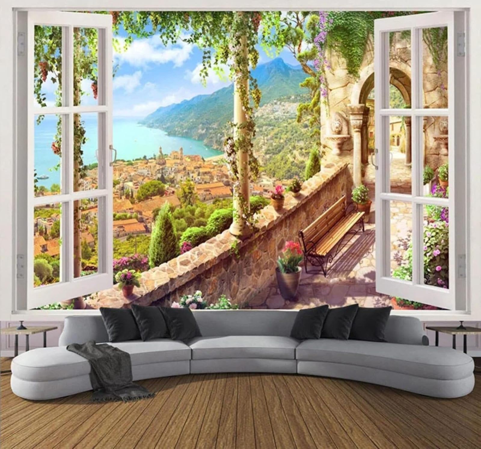 XLMING Three Dimensional Window Landscape Seascape Cityscape 3D Wallpaper Luxury Home Dining Decor Paste Sofa Living Room The Wall for Bedroom Mural-250cm×170cm