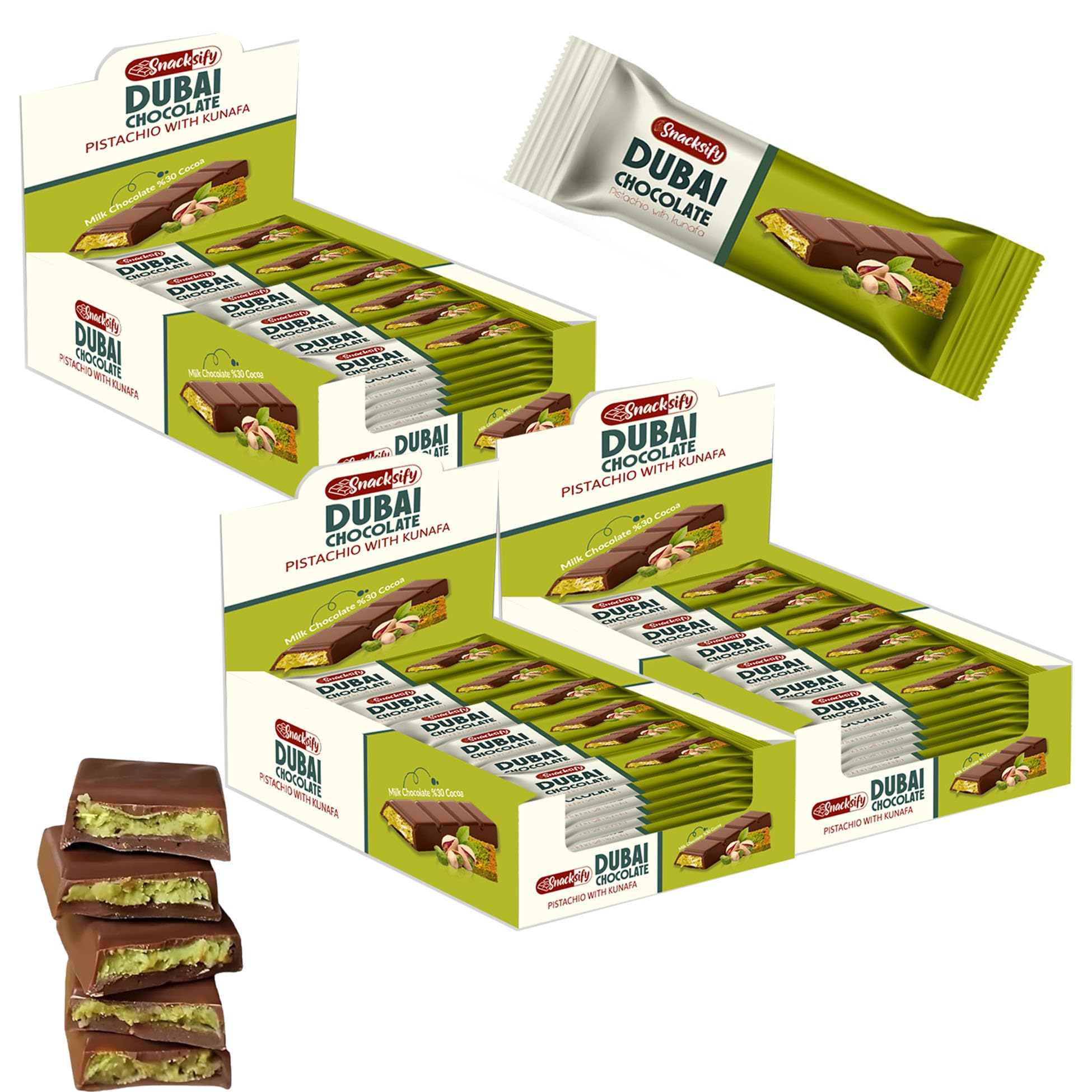 Mini Dubai Chocolate (Pack of 72) - Kunafa Pistachio Bars, 27g Each, 4.29 lbs Total – Perfect for Gifting, Fresh Daily Production, 24 Pieces with Shredded Phyllo Dough