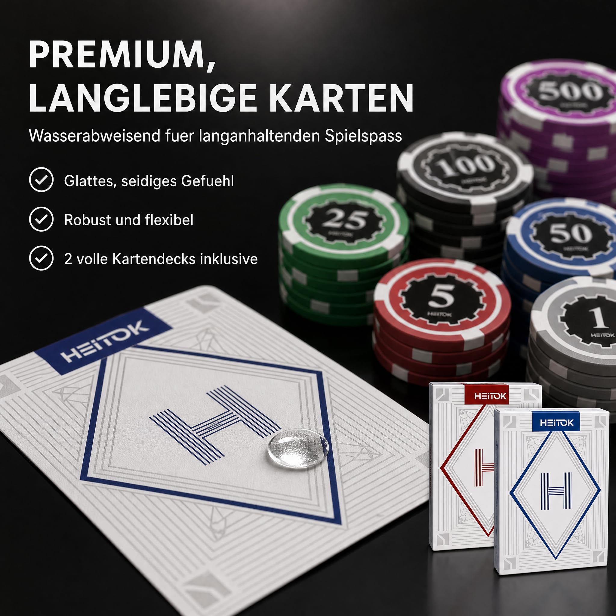 HEITOK Poker Koffer 300 Chips Set – 11,5g Pokerchips mit Wertaufdruck, Alu-Koffer, Karten, Würfel & Button | 2-8 Spieler, gut lesbare Werte, Blackjack, Karten, Würfel, Dealer und Small/Big Blind Buttons, Pokerrunden, Kartenspielabende