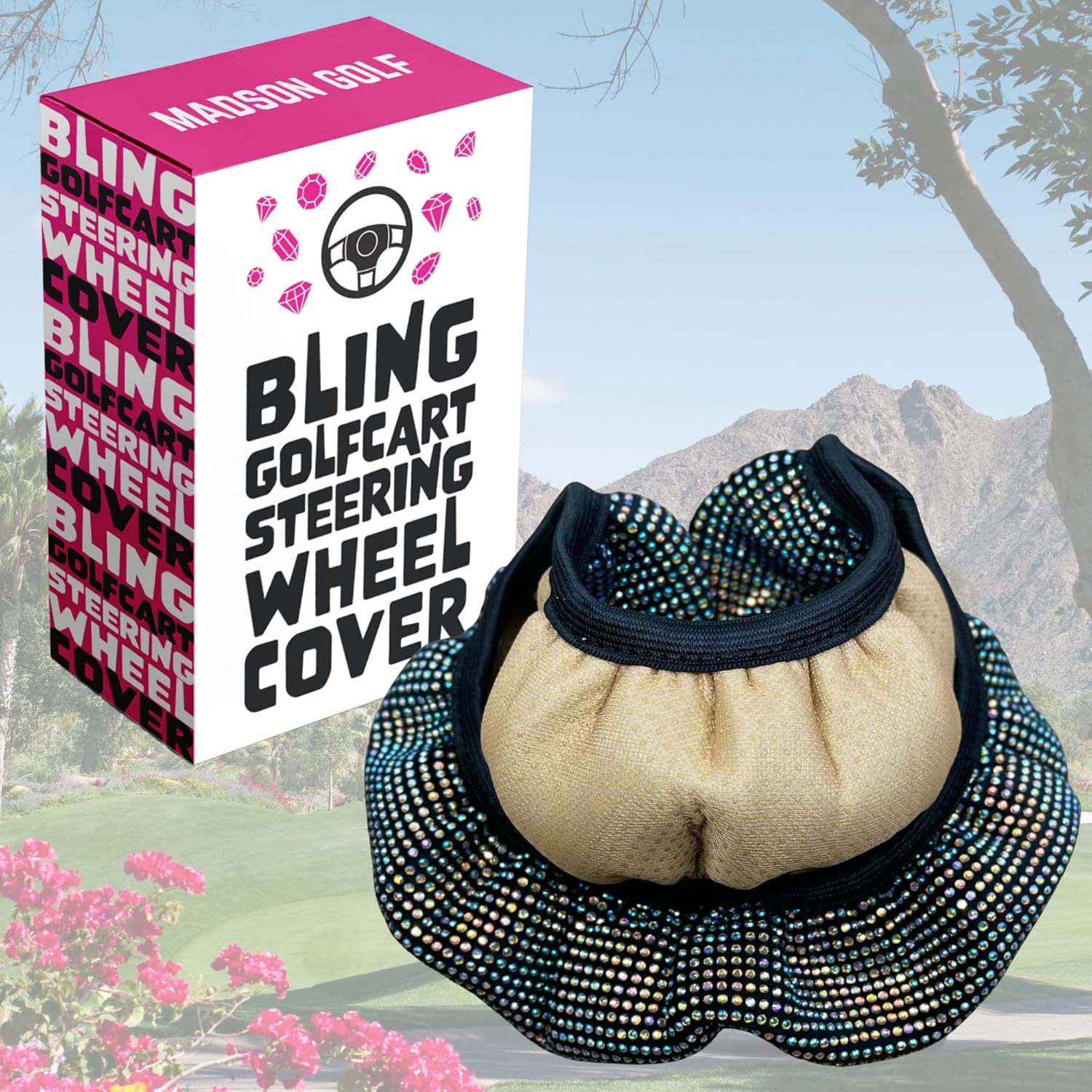 Universal Colorful Bling Crystal Diamond Rhinestones Golf Cart Steering Wheel Cover fits Club Car, Yahama, EZGO, Anti Slip Cover Easy to Install, Great Gifts for Golfer Women Womens (Colored Diamond)