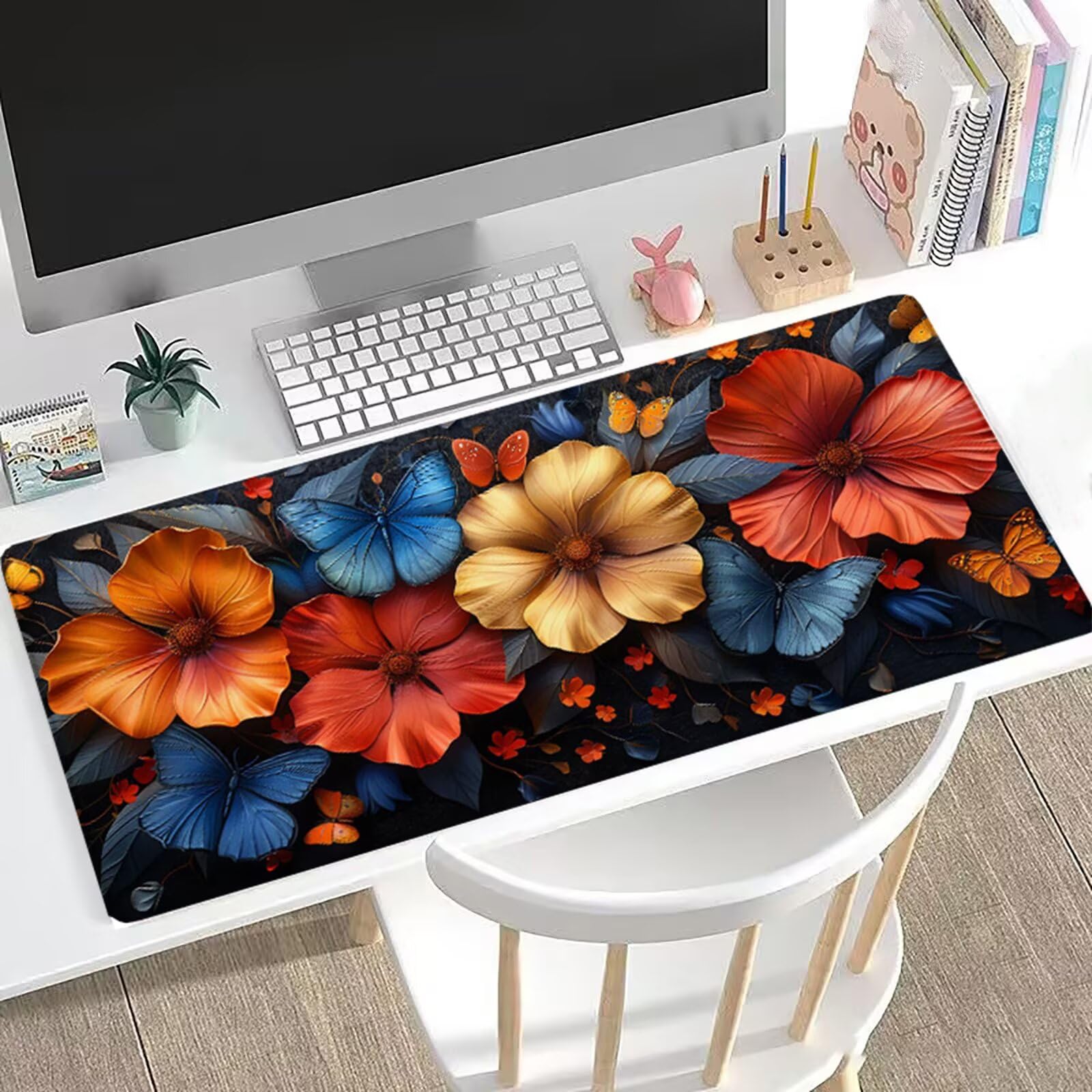 Tappetino Mouse Fiore XL 1500x800x3mm Sottomano Scrivania Farfalla(1), Superficie Liscia Impermeabile, Accessori Ufficio Moderno, Tappeto Scrivania Grande Antiscivolo per Laptop, Regalo Uomo H0-1019