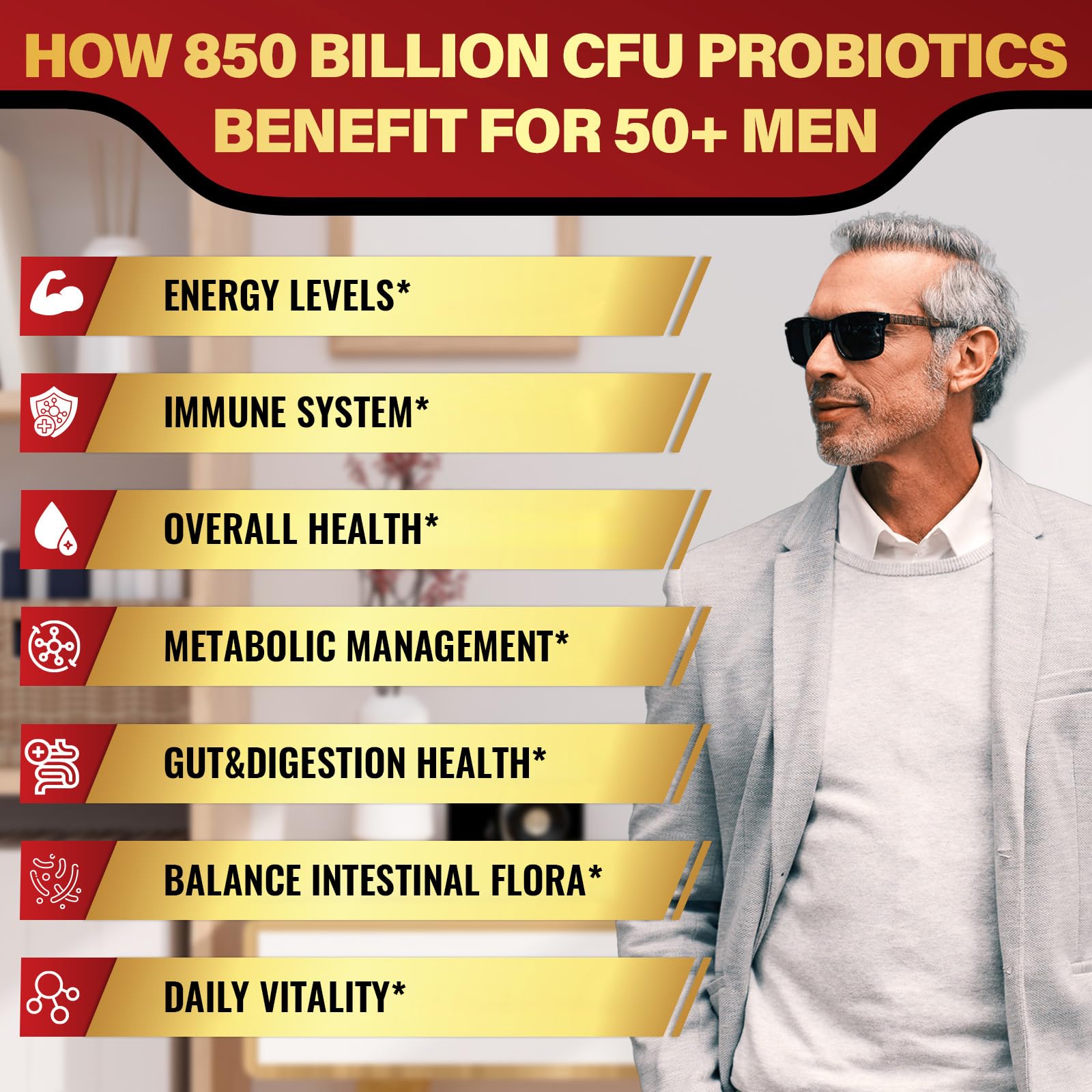Probióticos para hombres, potentes probióticos para hombres de más de 50 años, salud intestinal y digestiva completa, con 850 mil millones de CFU, fibra prebiótica de 1900 mg, energize, inmune