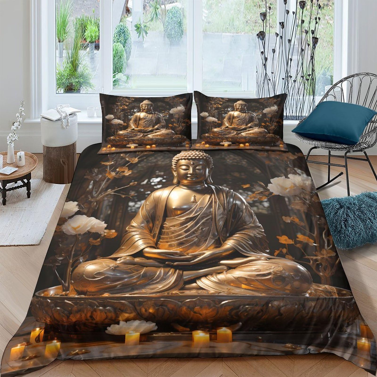 Ctjqhvkz Style-6 3D Printed Golden Buddha Fitted Sheet Microfiber Soft Brown Meditation Forest Bed Cover For Bedroom Guest Room Decor Single（135X200cm）