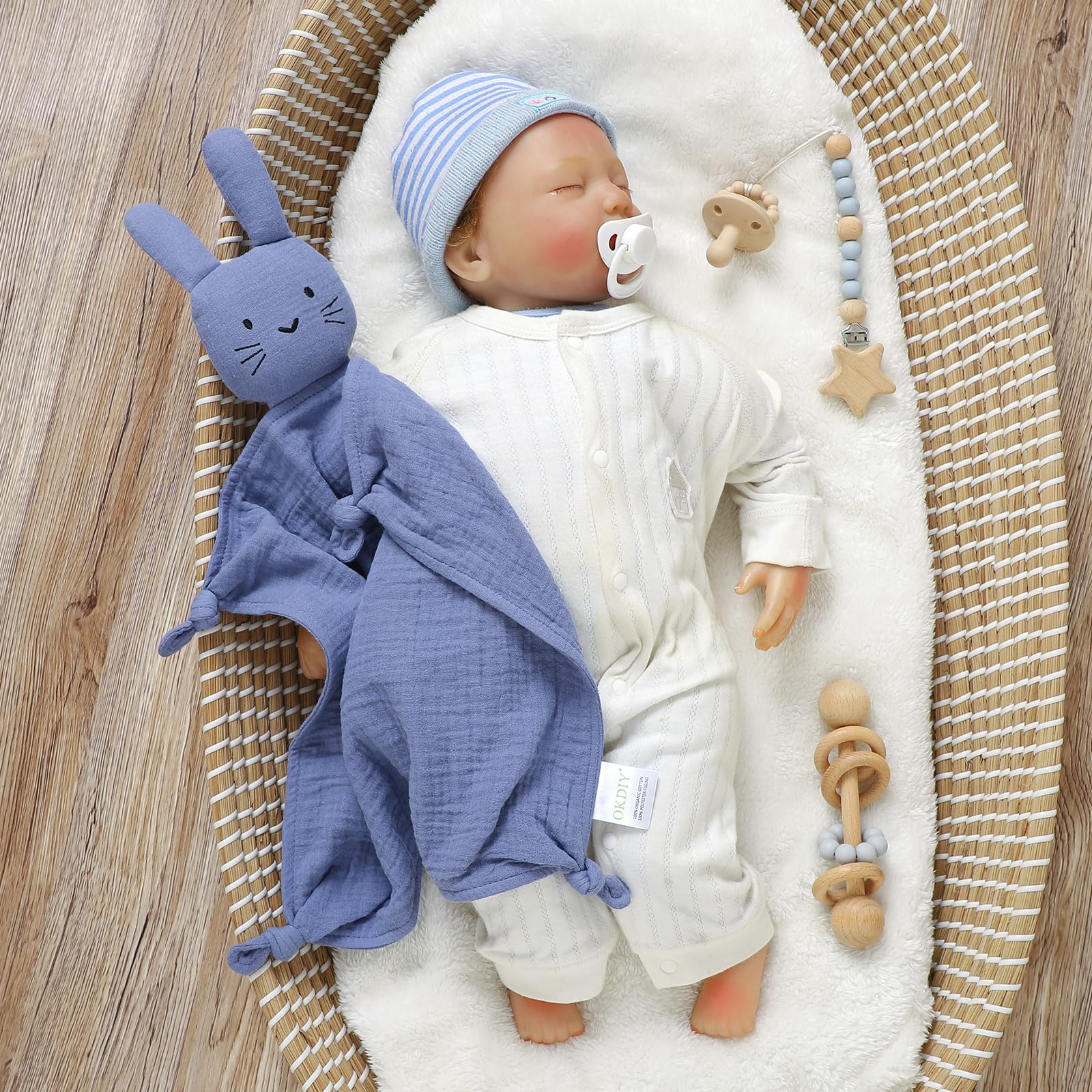 Okdiy Organic Cotton Bunny Lovey Security Blanket - Pink, 11.8x11.8 Inch, Newborn Baby Comfort Toy