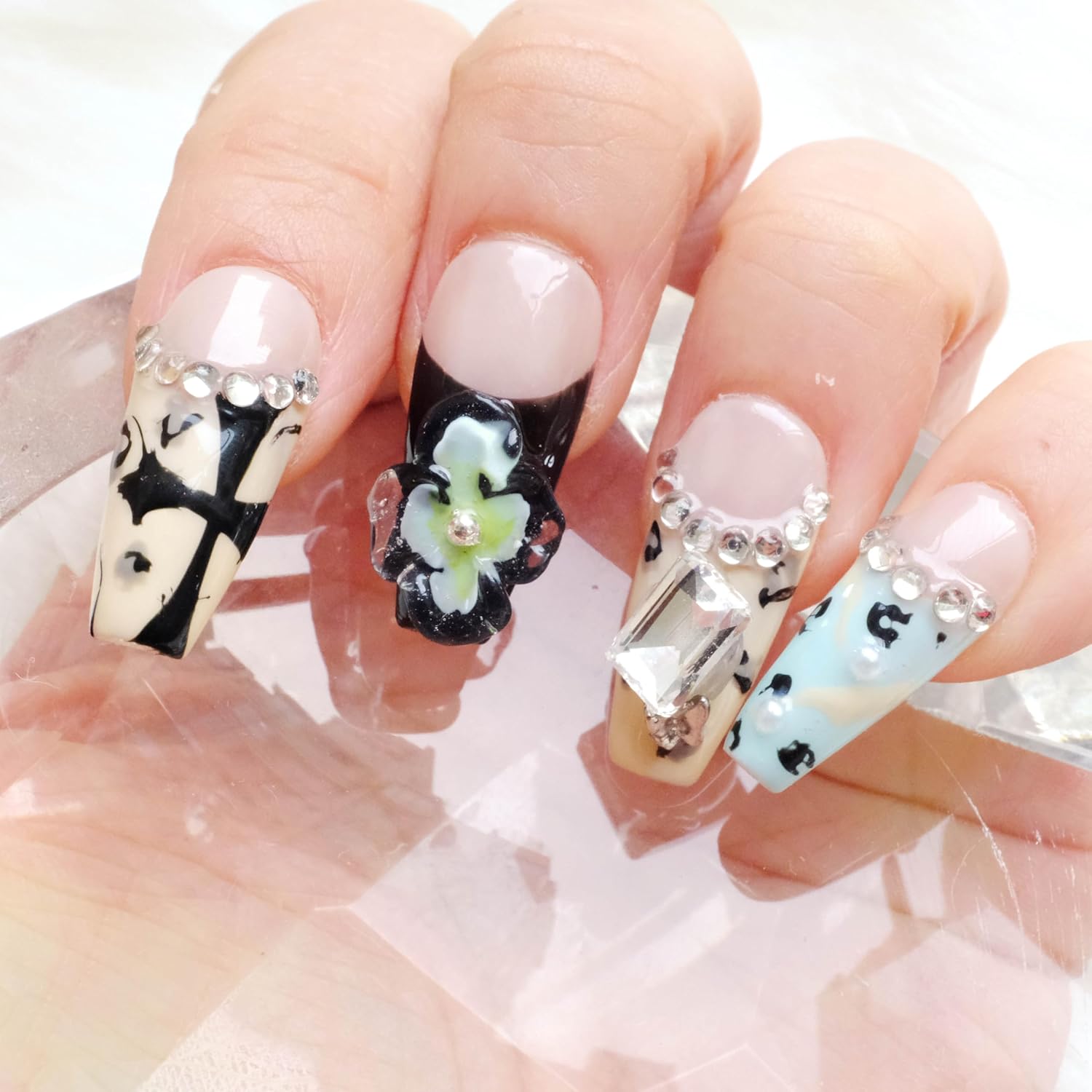 Press On Nails, Long Ballerina Style with 3D Flowers and Crystals, Black and Yellow Design, Handmade False Nail 10 Pieces (Small,LB)