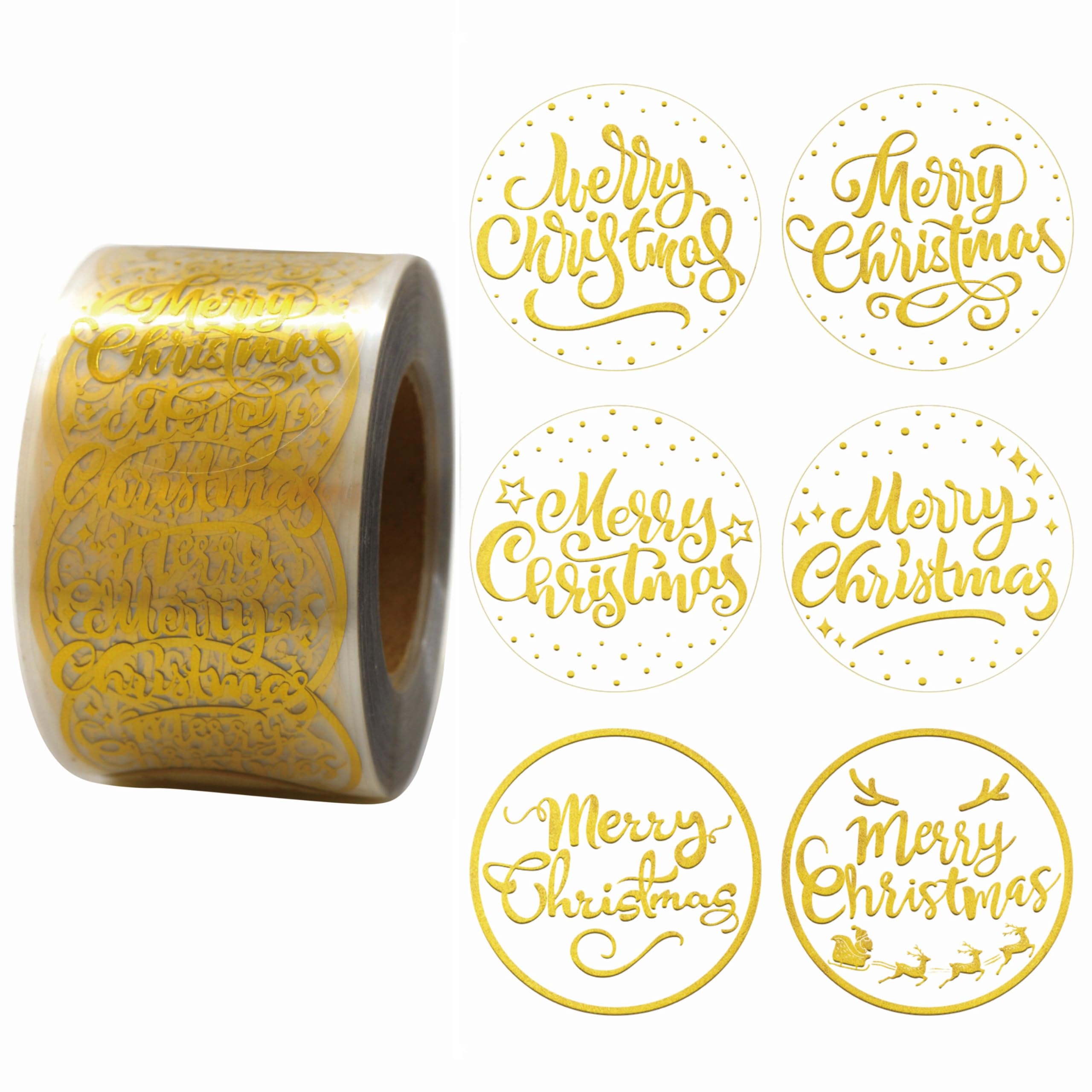Masper Christmas Stickers, 1.5 Inches, 600 Sheets, 6 Waterproof Transparent Gold Foil Shiny Designs, Merry Christmas Stickers for Xmas Decorations