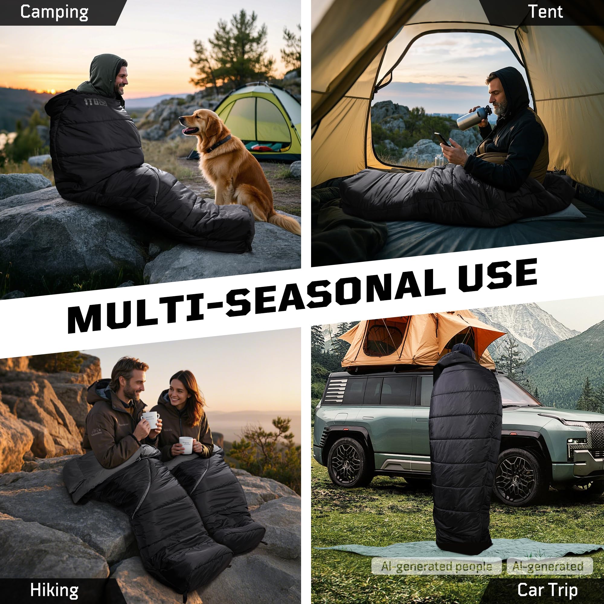 Sac de couchage momie pour adultes, sac de couchage de camping par temps froid (-3,9 à 2,2 °C) avec capuche réglable, poche pour téléphone, sac de compression pour le camping, la randonnée