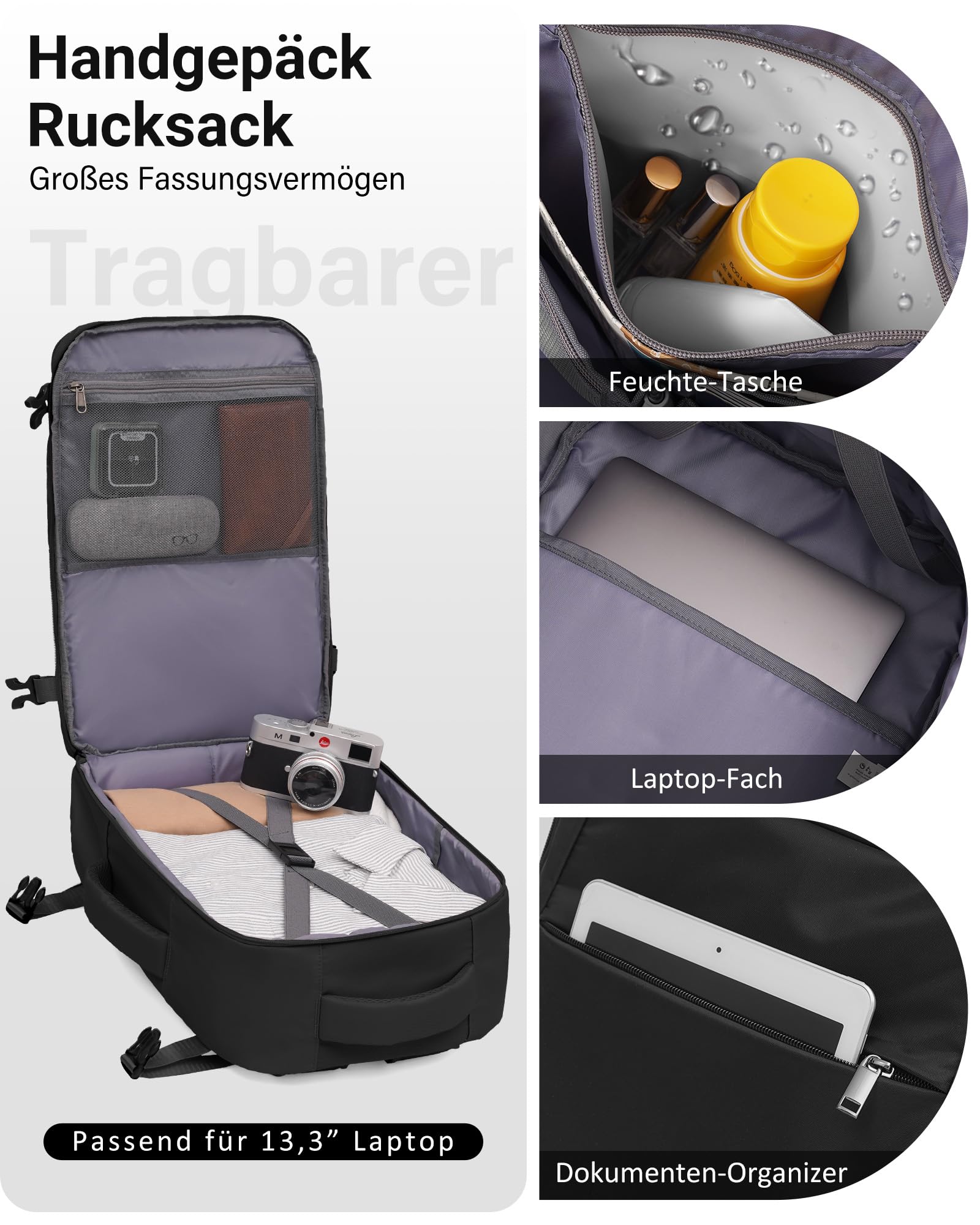 COOLIFE Mochila Viaje Cabina Avion 40x20x25, Ryanair Mochila Cabina 24L con Compartimento para Portátil de 15.6 Inch, Equipaje de Mano para Viajes de Negocios y Escapadas Cortas, Hombre/Mujer (Negro)