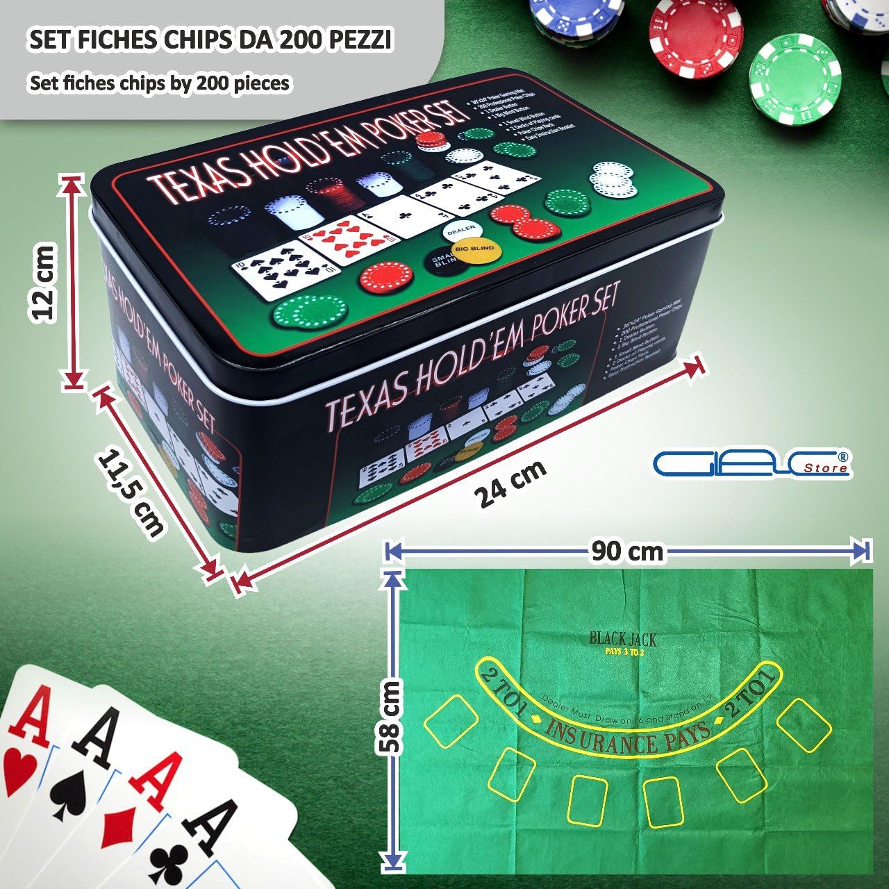 Set da Poker con Scatola in Metallo, 200 Fiches Colorate, 2 Mazzi di Carte, Fiches Dealer, Panno Verde, Big Blind, Small Blind